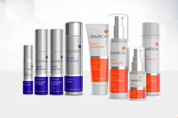 Collection of skincare products from Environ, including serums, moisturizers, and treatments for various skin types.