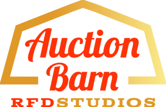 Logo for Auction Barn Studios, featuring a gold barn outline with red text, set against a background with green and red elements.