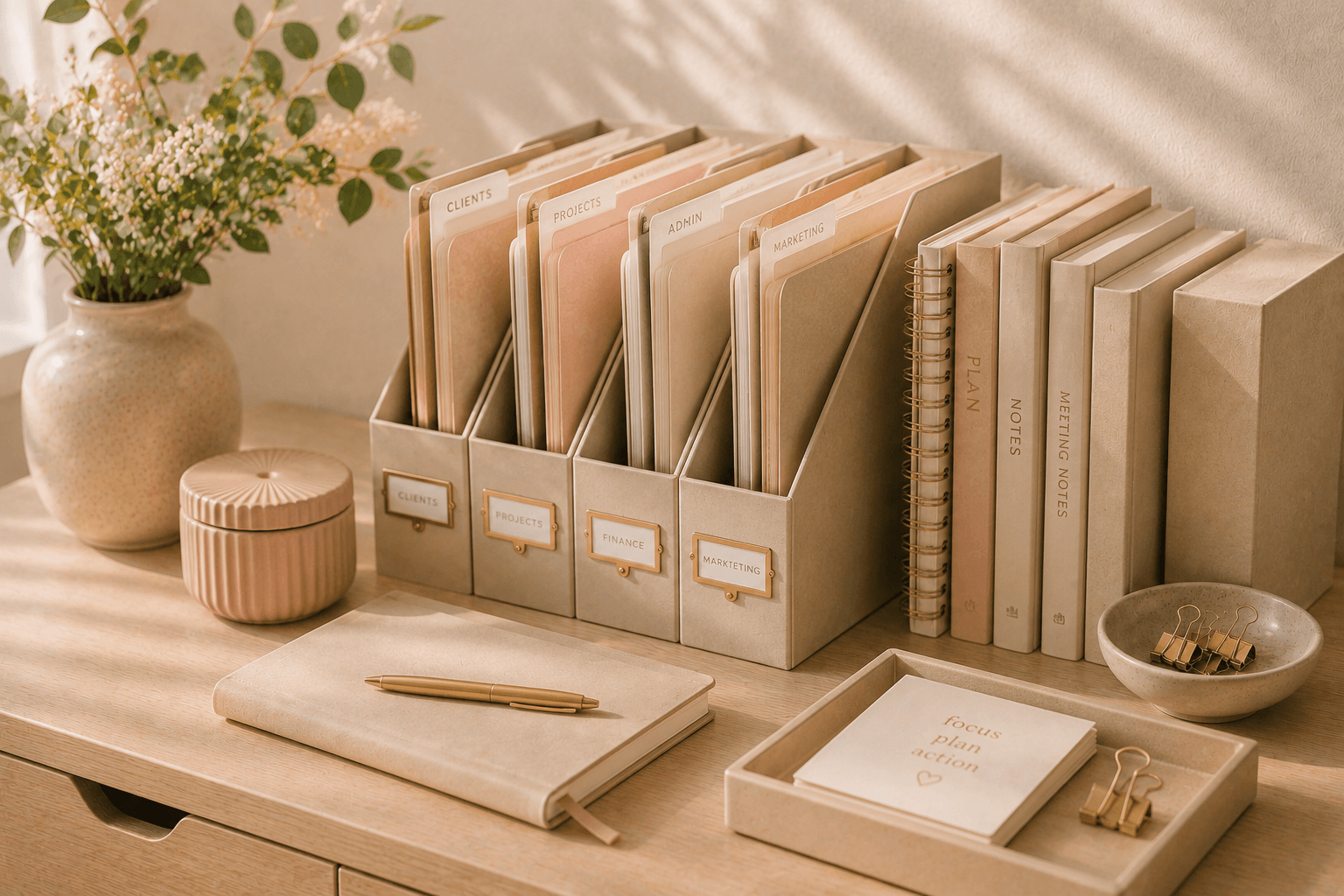 Organised workspace with labelled client files, notebooks and business systems, representing consistent behind-the-scenes support for small business owners.