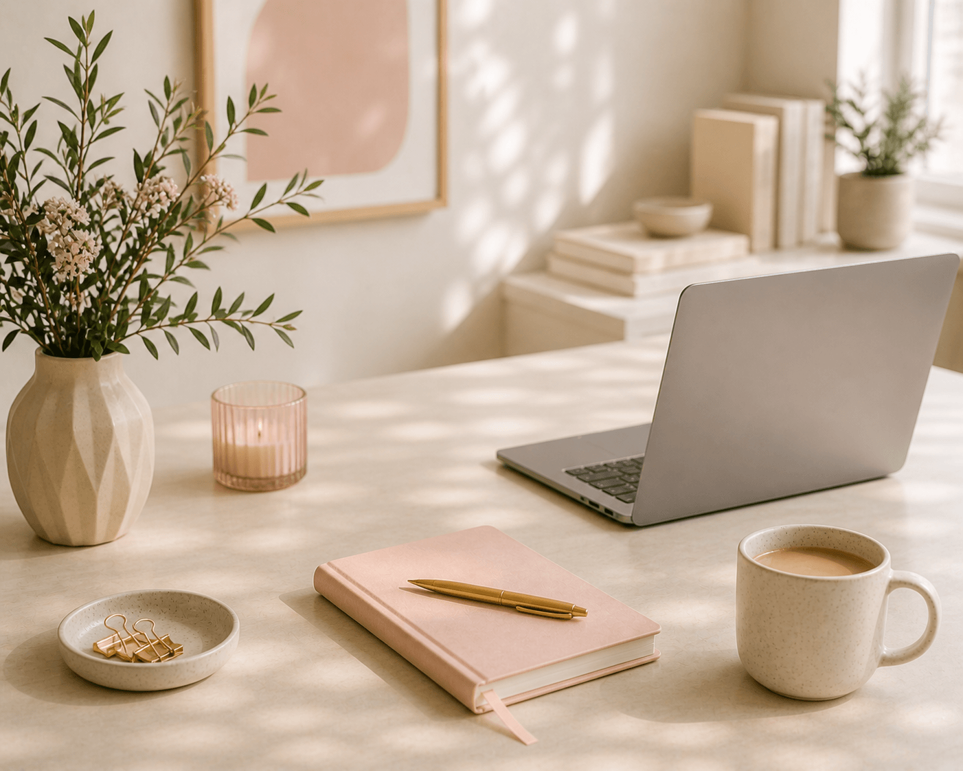Soft neutral workspace with laptop, notebook, coffee mug and botanical styling in a calm home office setting for a Virtual Assistant business.