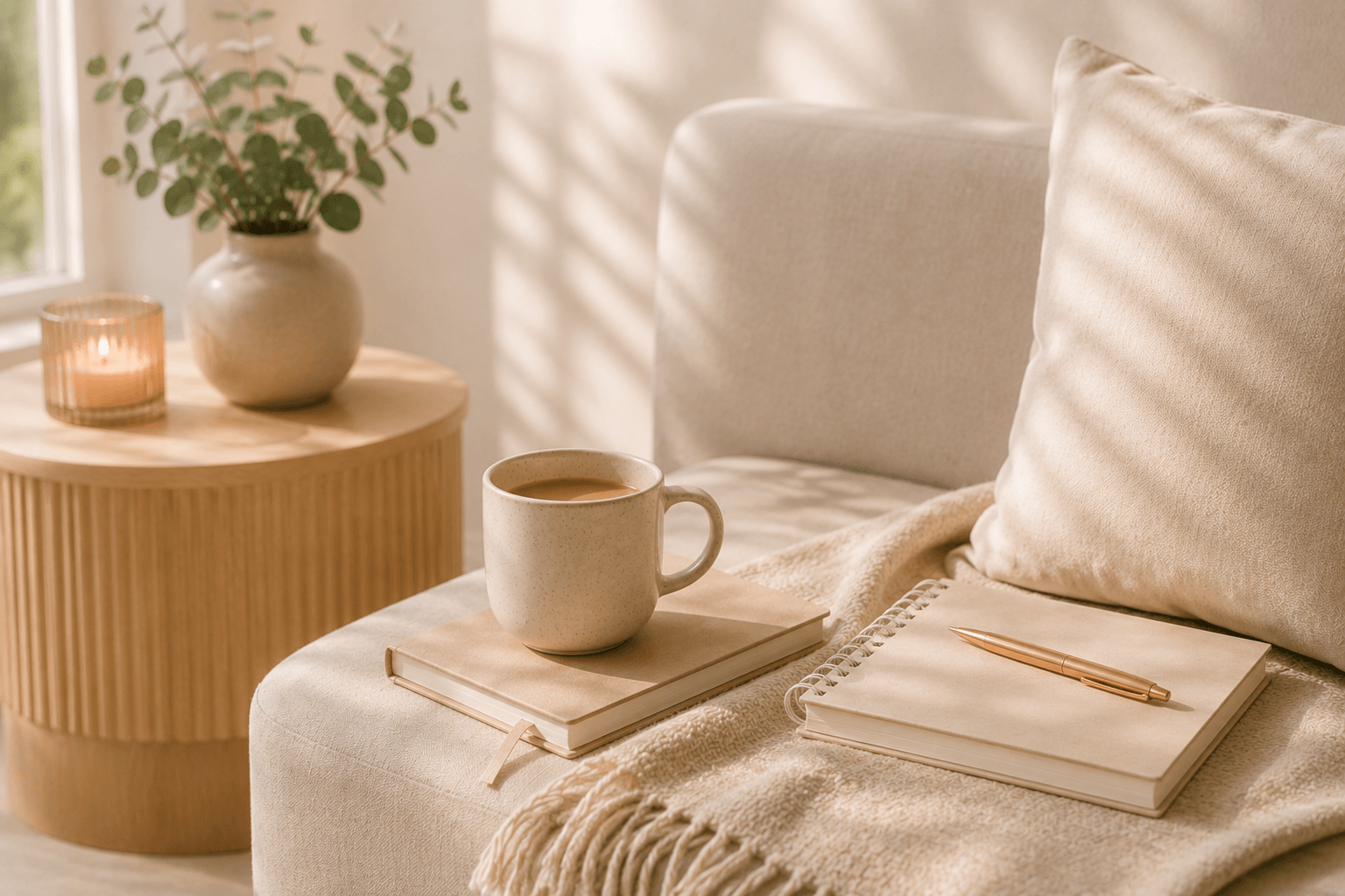 Cosy and calming home office lifestyle scene with coffee mug, notebook, soft neutral styling and natural light creating a peaceful workspace atmosphere.