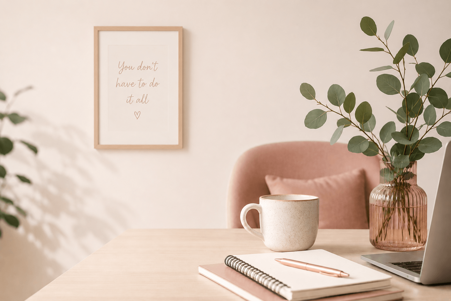 Calm and welcoming virtual assistant workspace with blush pink office styling, eucalyptus vase, notebook and framed “You don’t have to do it all” print in a soft neutral home office.