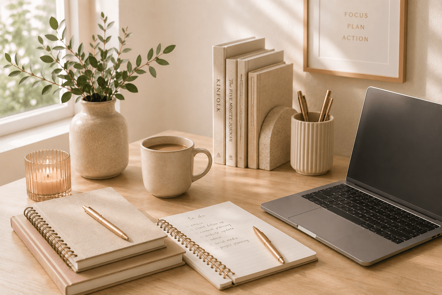 Organised desk with notebook, laptop and task list, representing the hidden mental load of running a business and managing multiple responsibilities.