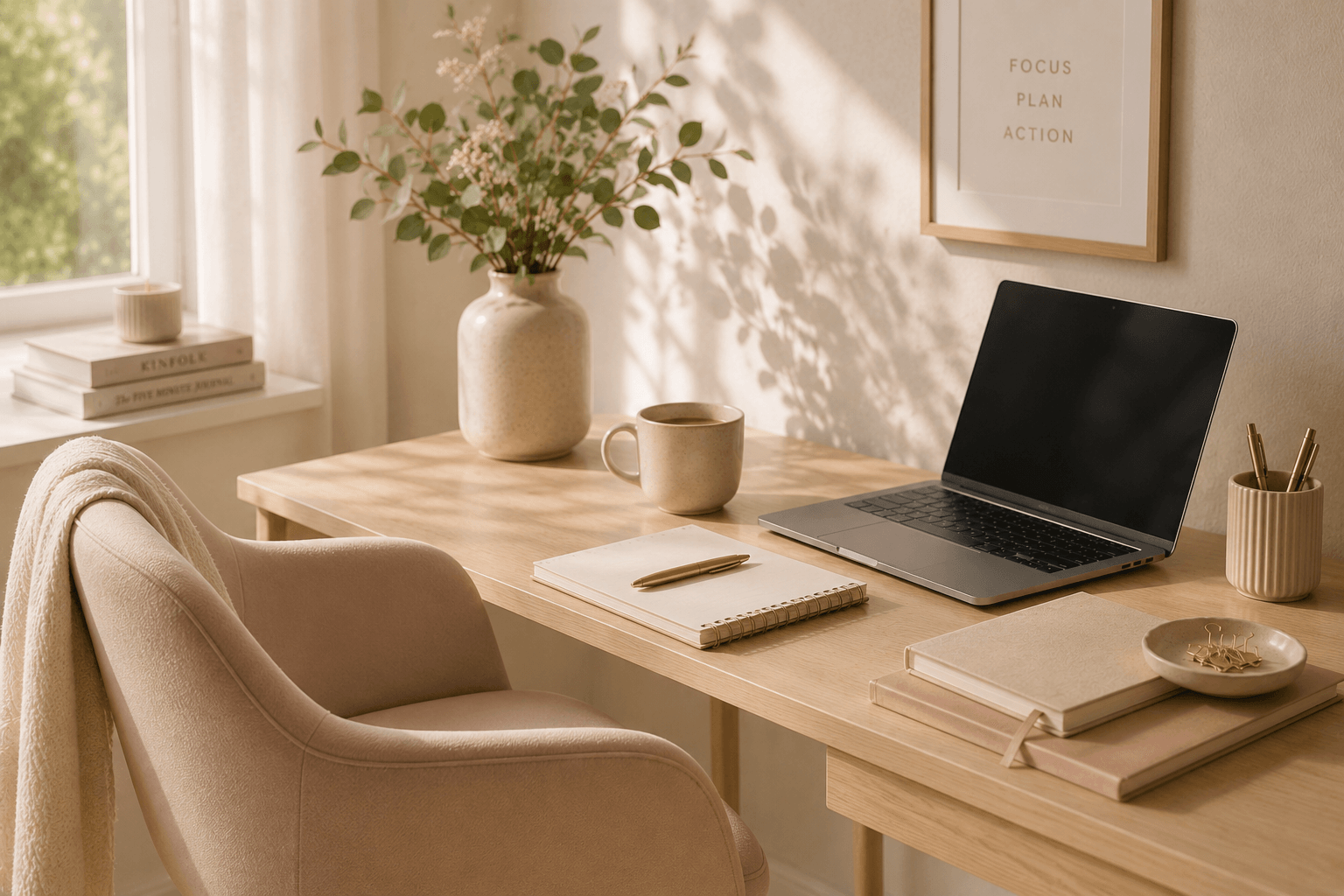 Calm and organised workspace with an empty chair, laptop, notebook and coffee, representing business support and creating space for growth.