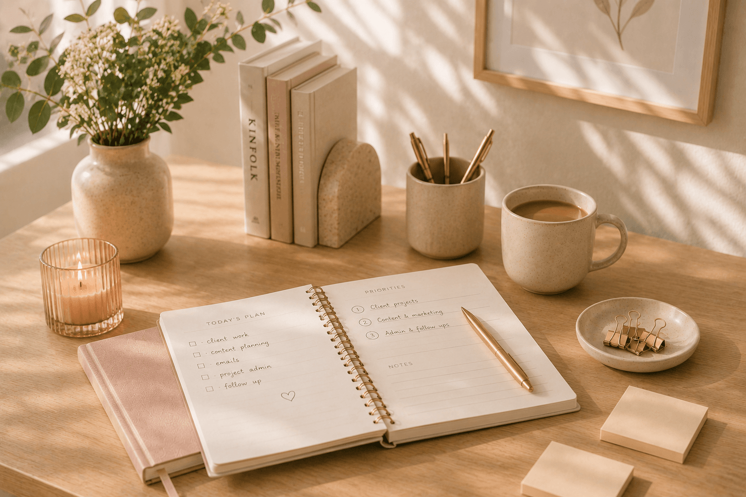 Open planner showing business priorities on a calm, organised workspace with notebooks, coffee and office accessories.