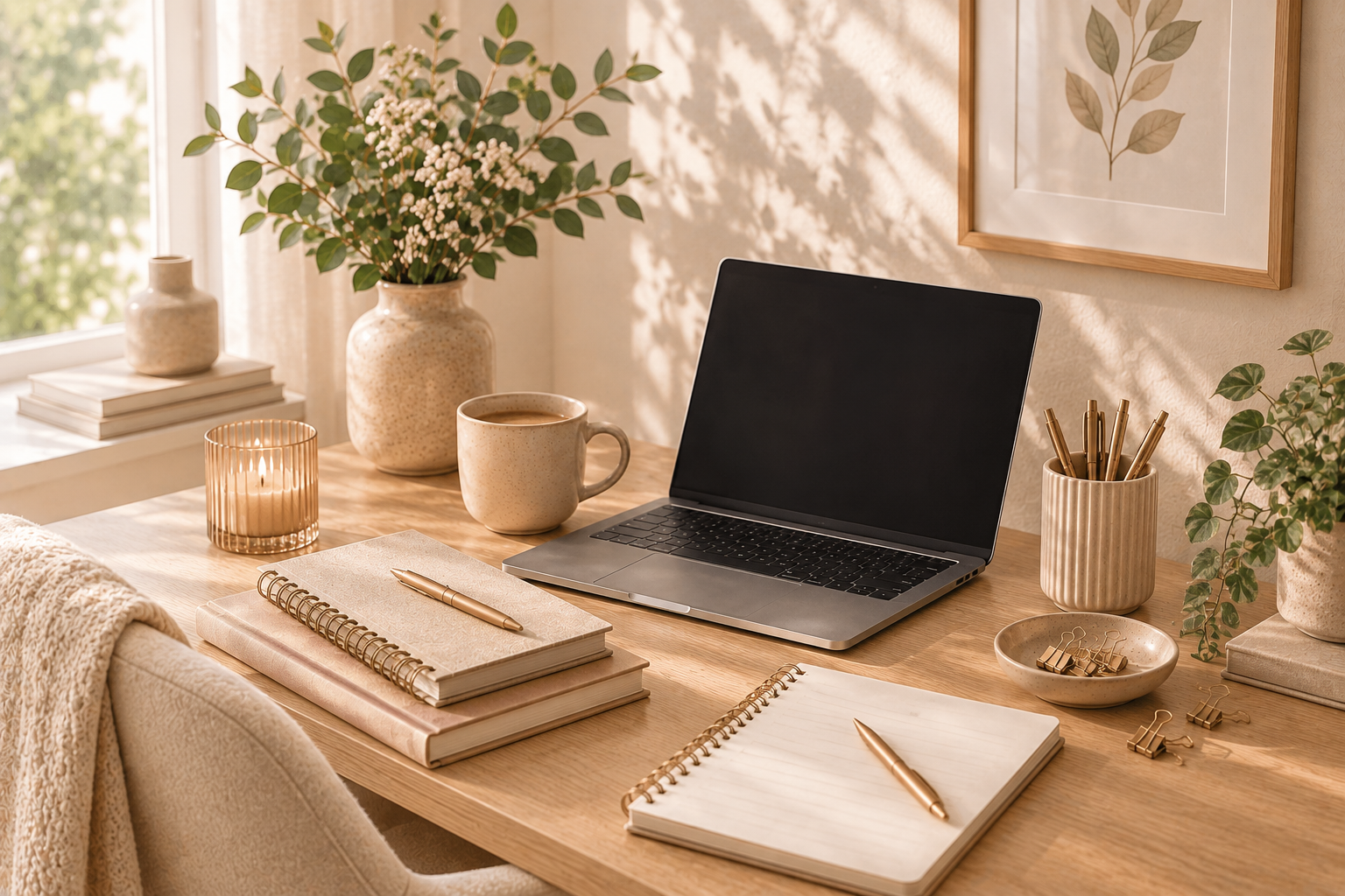 Calm, organised workspace with a laptop, notebooks and coffee, representing ongoing Virtual Assistant support for business owners.