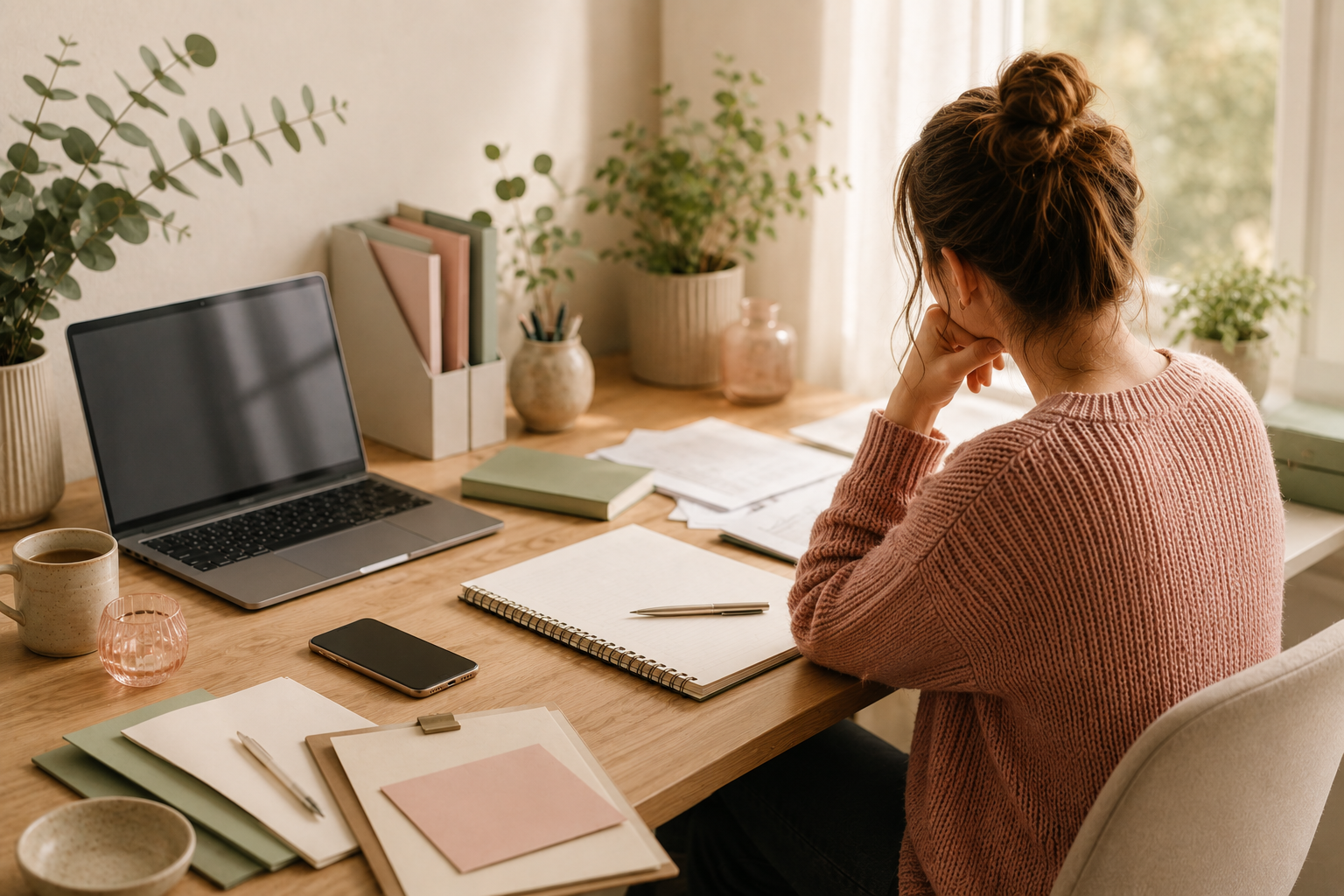Business owner at her desk surrounded by emails, paperwork and admin, reflecting the demands of running a growing business.