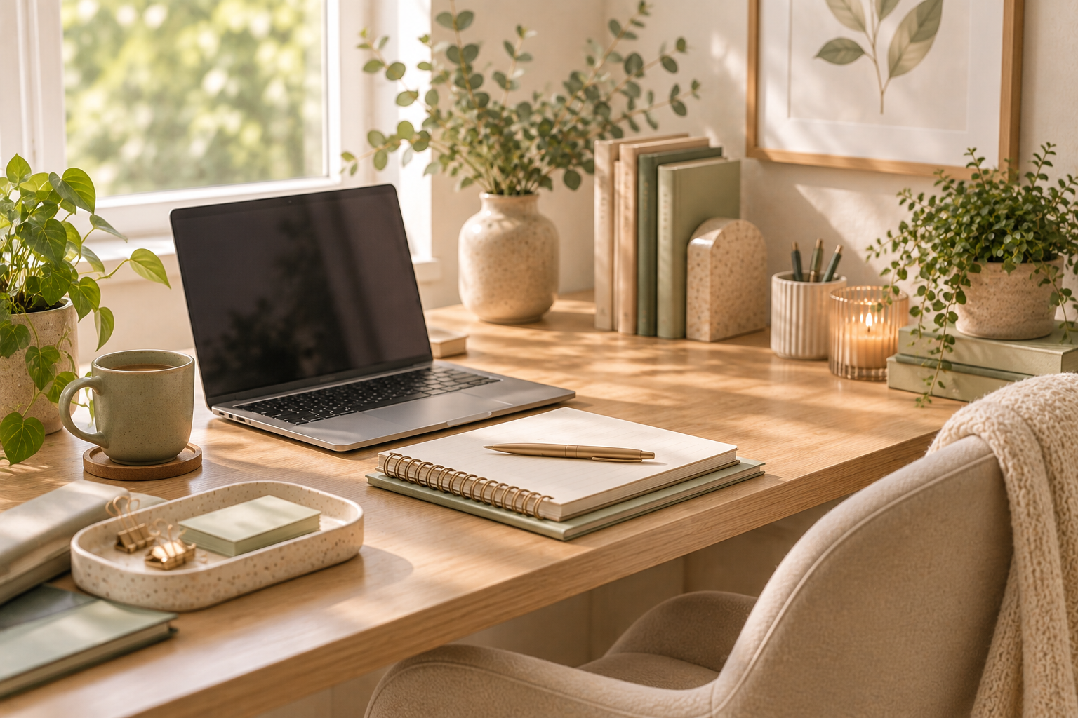 Calm home office with an empty chair, laptop and notebook, representing a business owner being able to step away from their business.