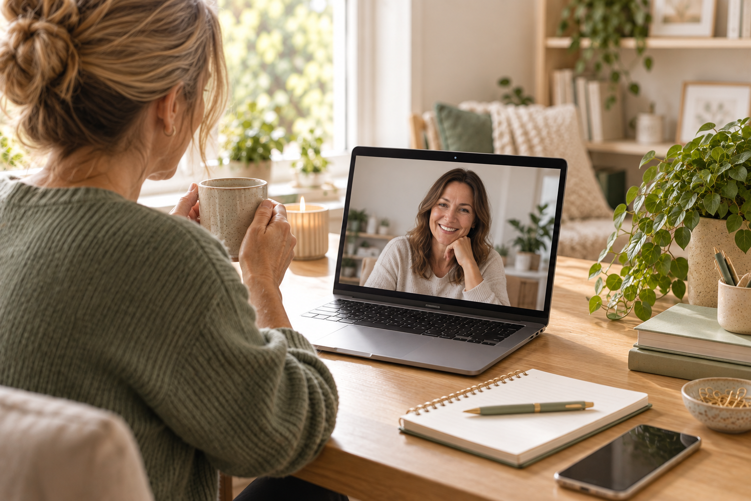 Business owner having a relaxed video call with her Virtual Assistant from her home office.