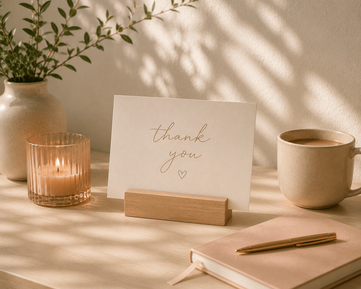 Warm and welcoming client appreciation scene with thank you card, candle, coffee mug and soft neutral workspace styling in natural light.