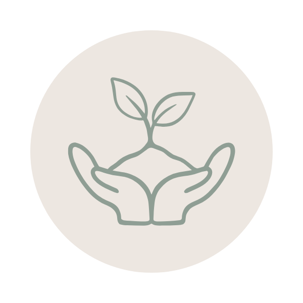 Icon of two hands holding a small plant with two leaves.