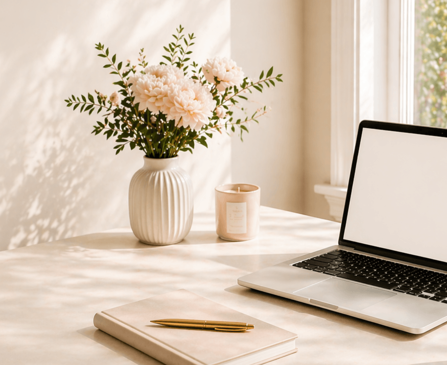 A white table holds a laptop, a closed notebook with a gold pen on top, a vase with pink flowers, and a candle near a window with natural sunlight.