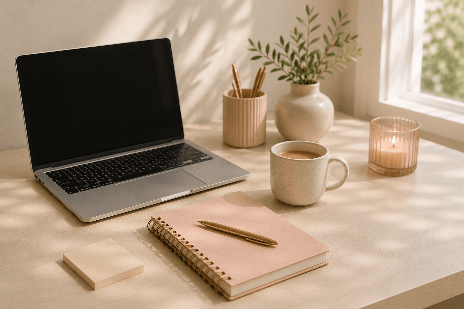 Calm and organised virtual assistant workspace with laptop, blush pink notebook, coffee mug, candle and soft neutral office styling in natural light.