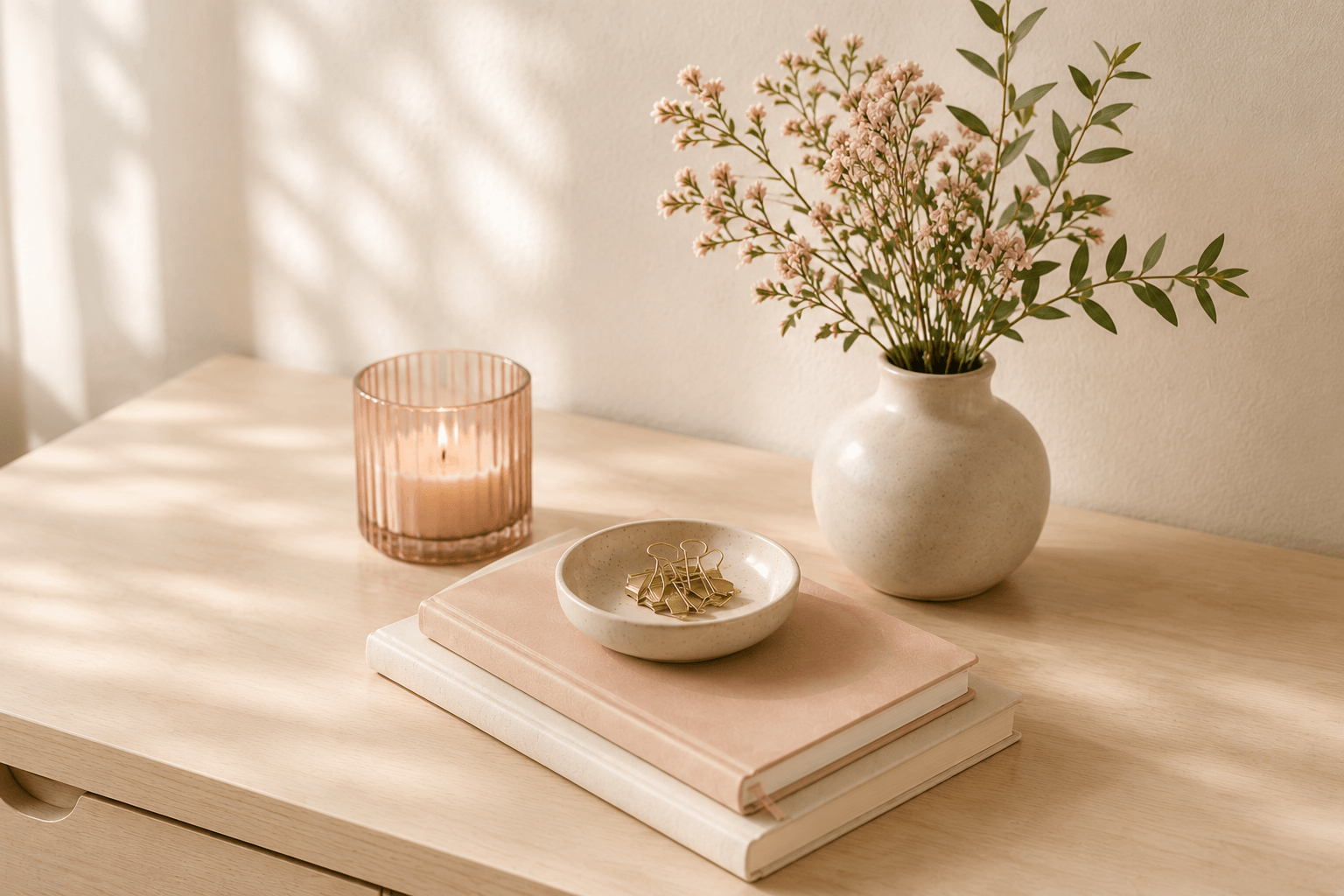 Calm neutral workspace styling with blush notebooks, gold paper clips, candle and botanical vase in a softly lit home office setting.