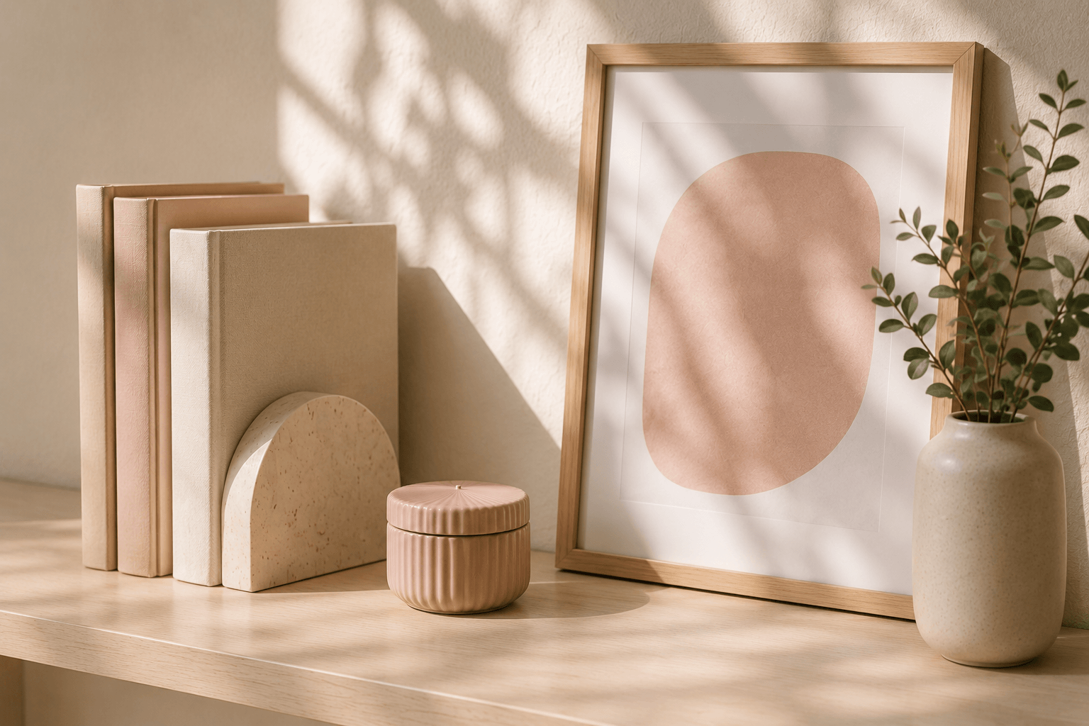 Minimal blush and neutral office shelf styling with soft natural light, framed abstract artwork, ceramic accessories and greenery in a calm home workspace.