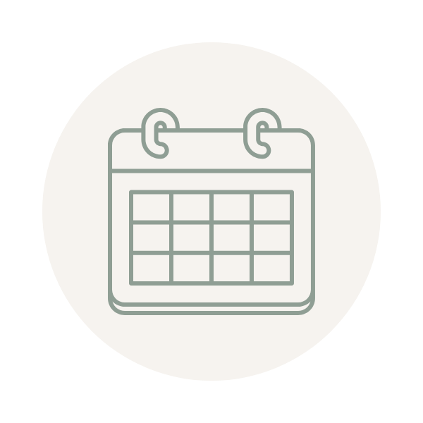 Icon of a calendar with grid dates, hanging from hooks.