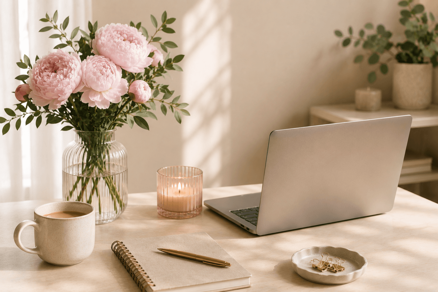 Soft, calm workspace with pink peonies in a vase, laptop, candle and notebook in natural light