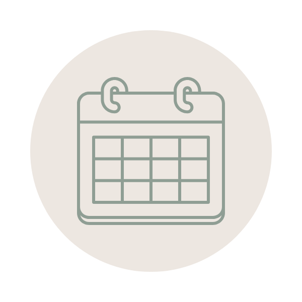 Icon of a calendar with grid dates, hanging from hooks.