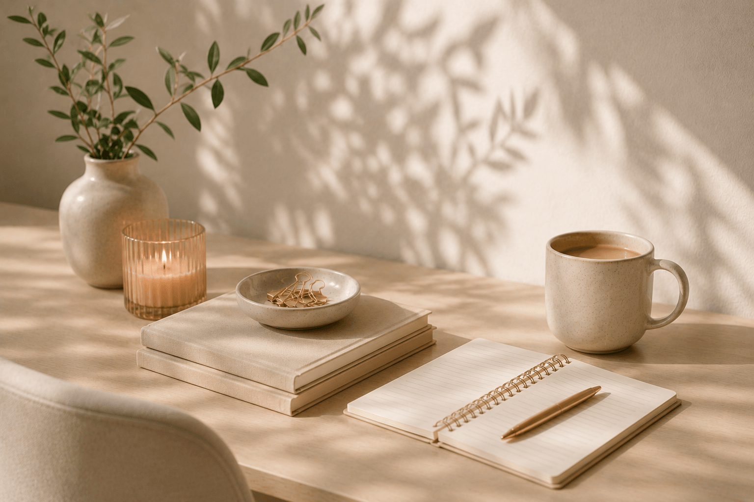 Minimal and organised business planning workspace with notebook, coffee mug, candle and soft neutral desk styling in warm natural light.