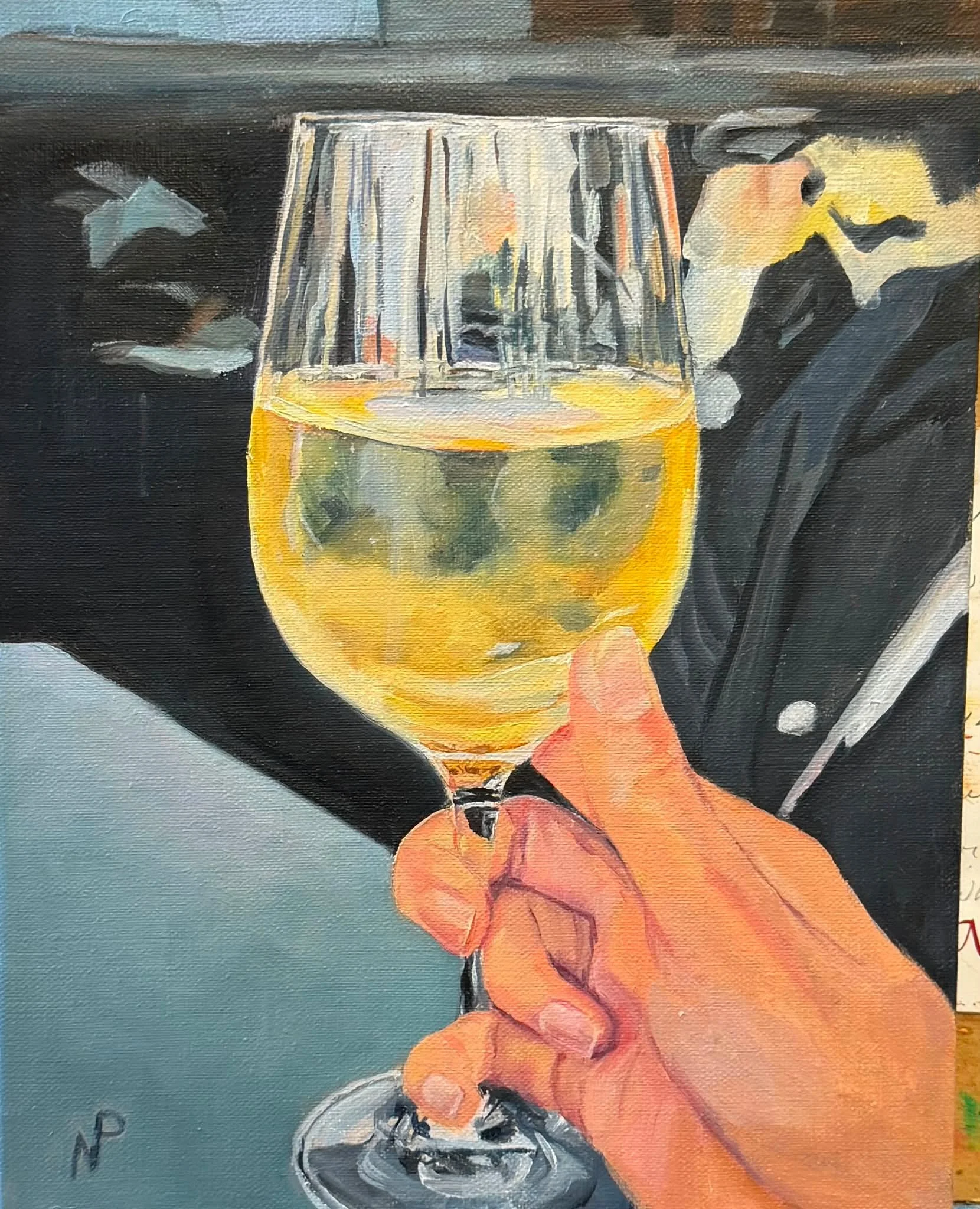 My painting I worked on at Postino&rsquo;s in Little Italy, a charming restaurant with delicious food. On that warm evening, a delightful ocean breeze on their patio kept me cool as I sipped Chardonnay and painted. It was fun, as was the sweet compan