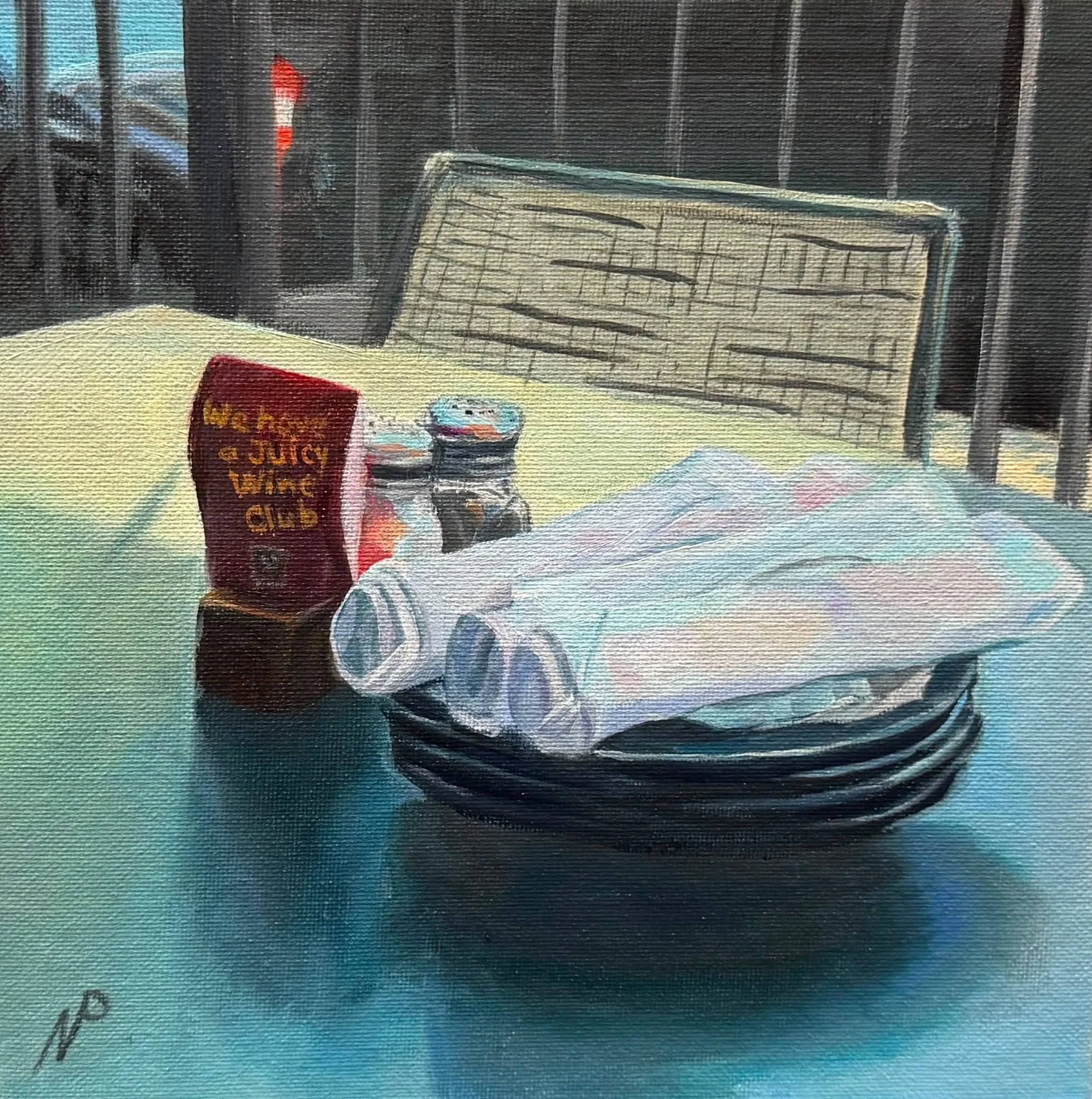 The 8&rdquo; x 8&rdquo; oil painting I worked on from Postino&rsquo;s patio yesterday! 🎨