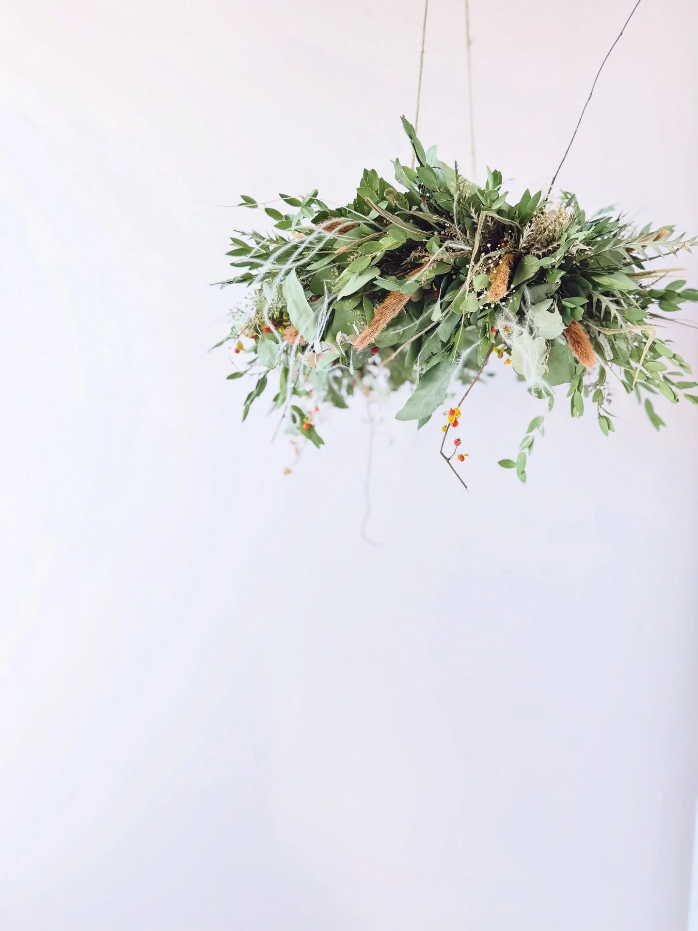 My second homework from the dried flower school @tomoko_3_ &mdash; a flying wreath✨

Made with so many kinds of eucalyptus, bittersweet, long bunny tail grass, and more. It was my first time making a flying wreath, and I think it came out beautiful t