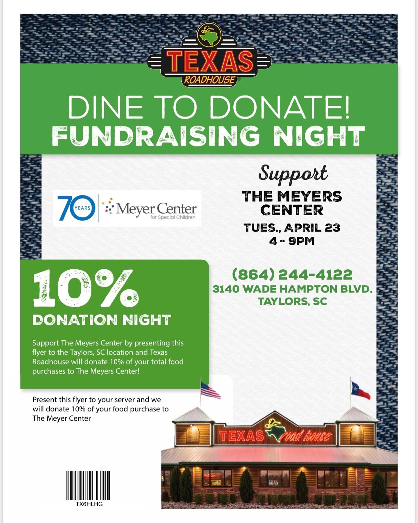 Come join us at Texas Roadhouse tonight from 4:30- 9:00 PM for their Dine and Donate event to support the Meyer Center! 🍽️