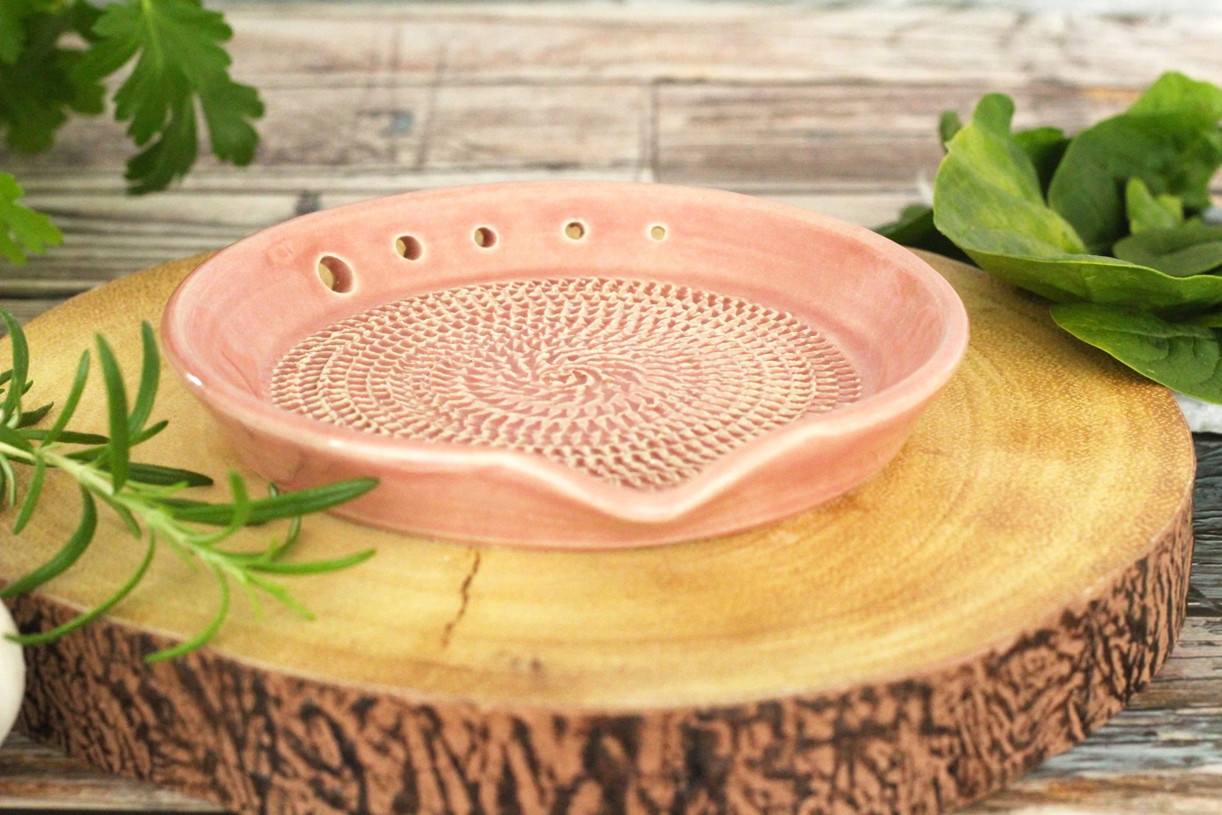 Handmade ceramic garlic grater & herb stripper bowl with pouring spout made by Good Karma Clay