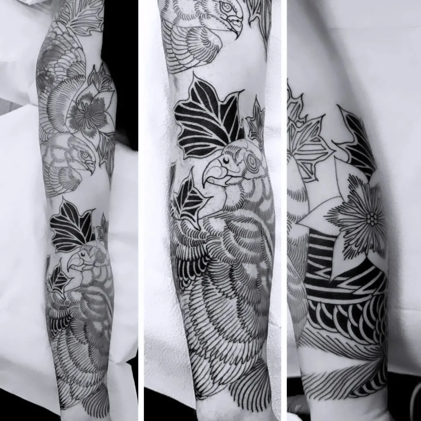 Progress on this double coverup sleeve ~
Mississippi kites and tulip poplar. Stoked about this project and I'd love to do more like it!