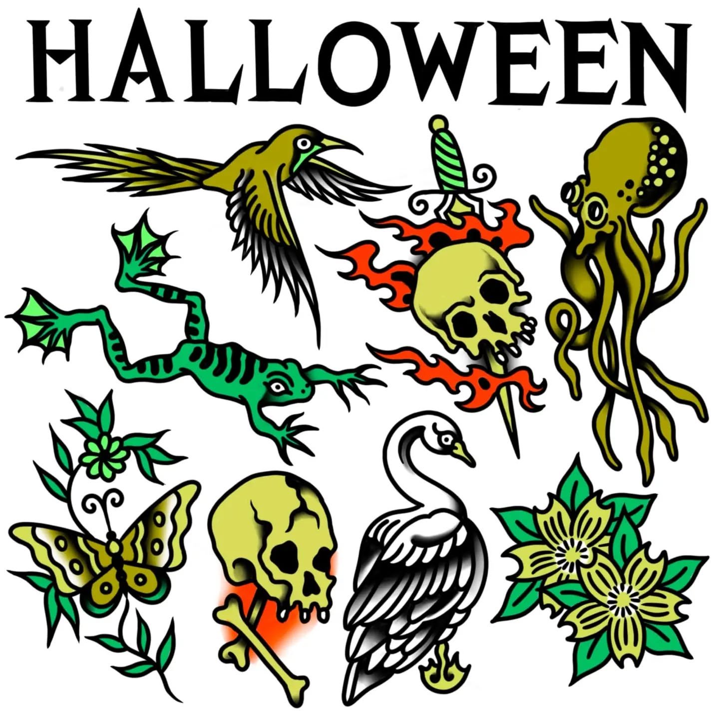 It's the best time of year! I will be tattooing flash on Halloween day, and a second day - 11/13 - for Friday the 13th. These are appointment only events! $150 for black and grey or $200 for color, cash only.

For Halloween, I'll be taking appointmen