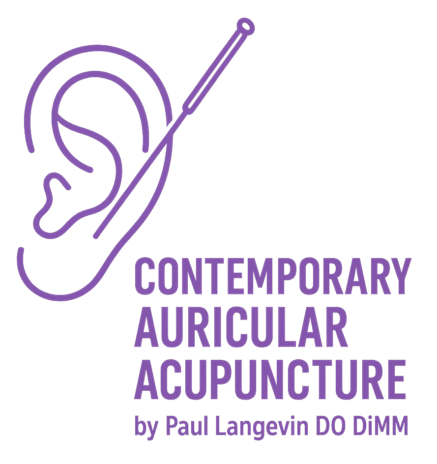 A graphic outline of an ear with an acupuncture needle inserted into it. The text reads 'Contemporary Auricular Acupuncture by Paul Langevin DO DIMM.'