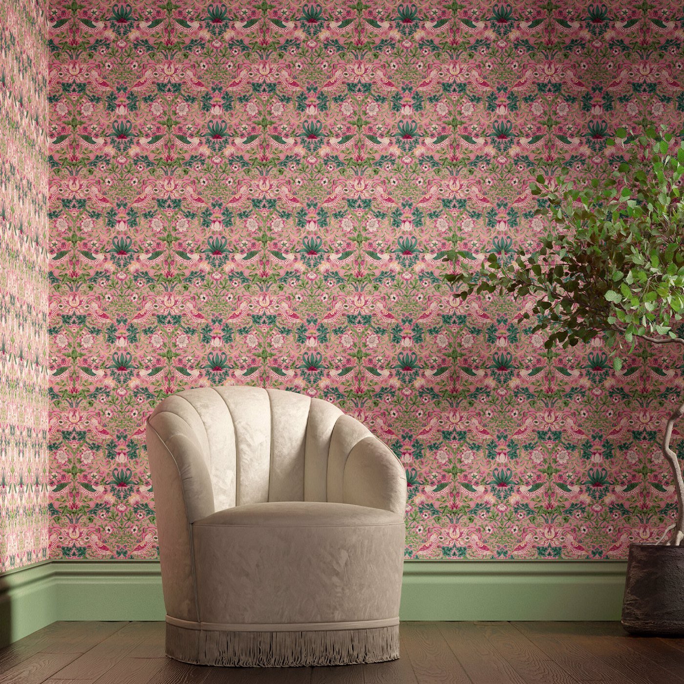Strawberry Thief might be arguably William Morris's most famous pattern. The Bedford Park collection has two new colors available. Miami Strip is to die for! Love a #pinkwallpaper #strawberrytheif #morrisandco #classicwallpaper