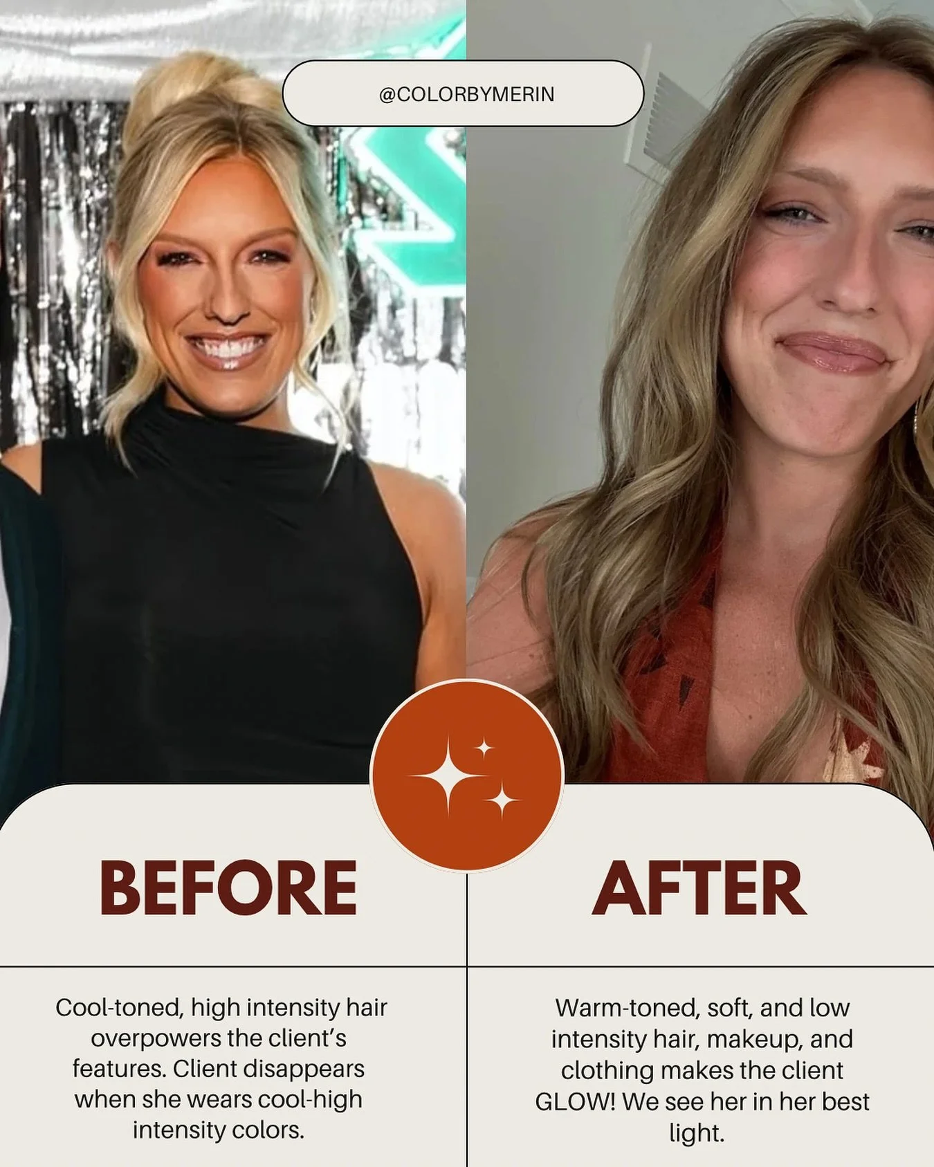 Preface: She looks beautiful in both photos.

I think sometimes people misunderstand color analysis.
It&rsquo;s not about saying you weren&rsquo;t beautiful &ldquo;before.&rdquo;
It&rsquo;s not about fixing anything.
It&rsquo;s about harmony.

Color 
