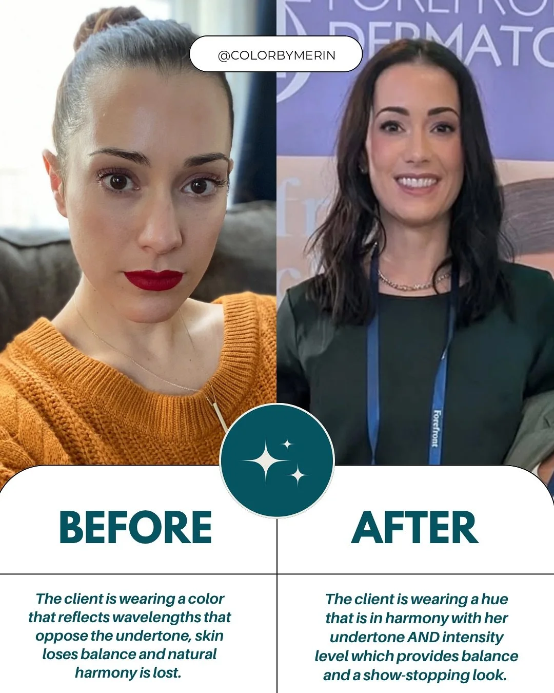 ✨ It&rsquo;s a cute orange sweater and a stunning client&hellip; so why does the photo on the left still feel off 🤨

That&rsquo;s the beauty of color analysis. Certain shades either fight against your undertones or bring out your natural glow.

I&rs