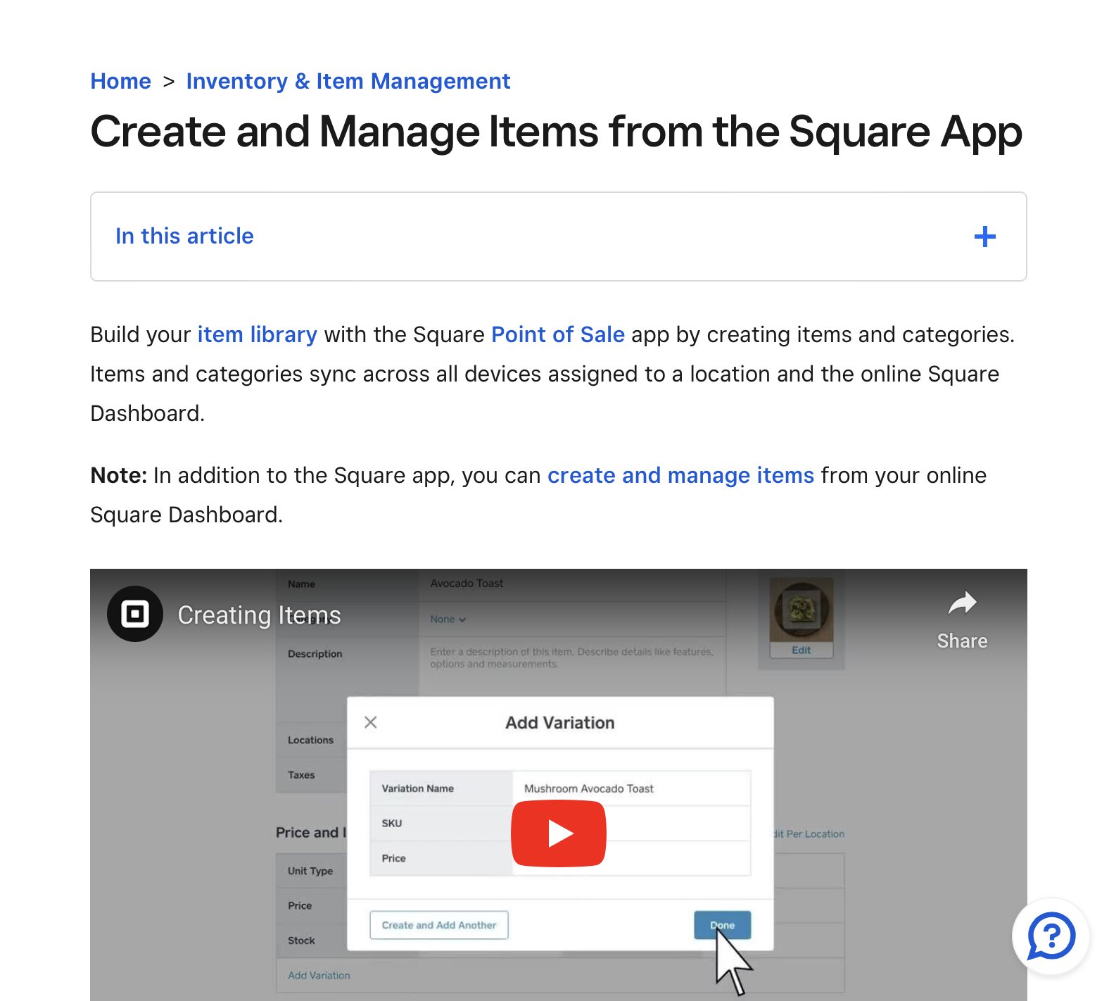 Screen capturing a webpage about creating and managing items from the Square app with a video thumbnail showing an item creation process, including an 'Add Variation' window with a red play button overlayed.