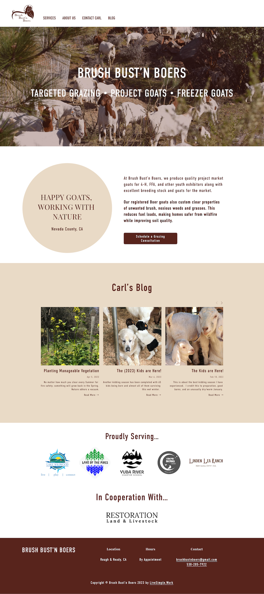 Screen grab of a website. Photo features goats next to a fence.