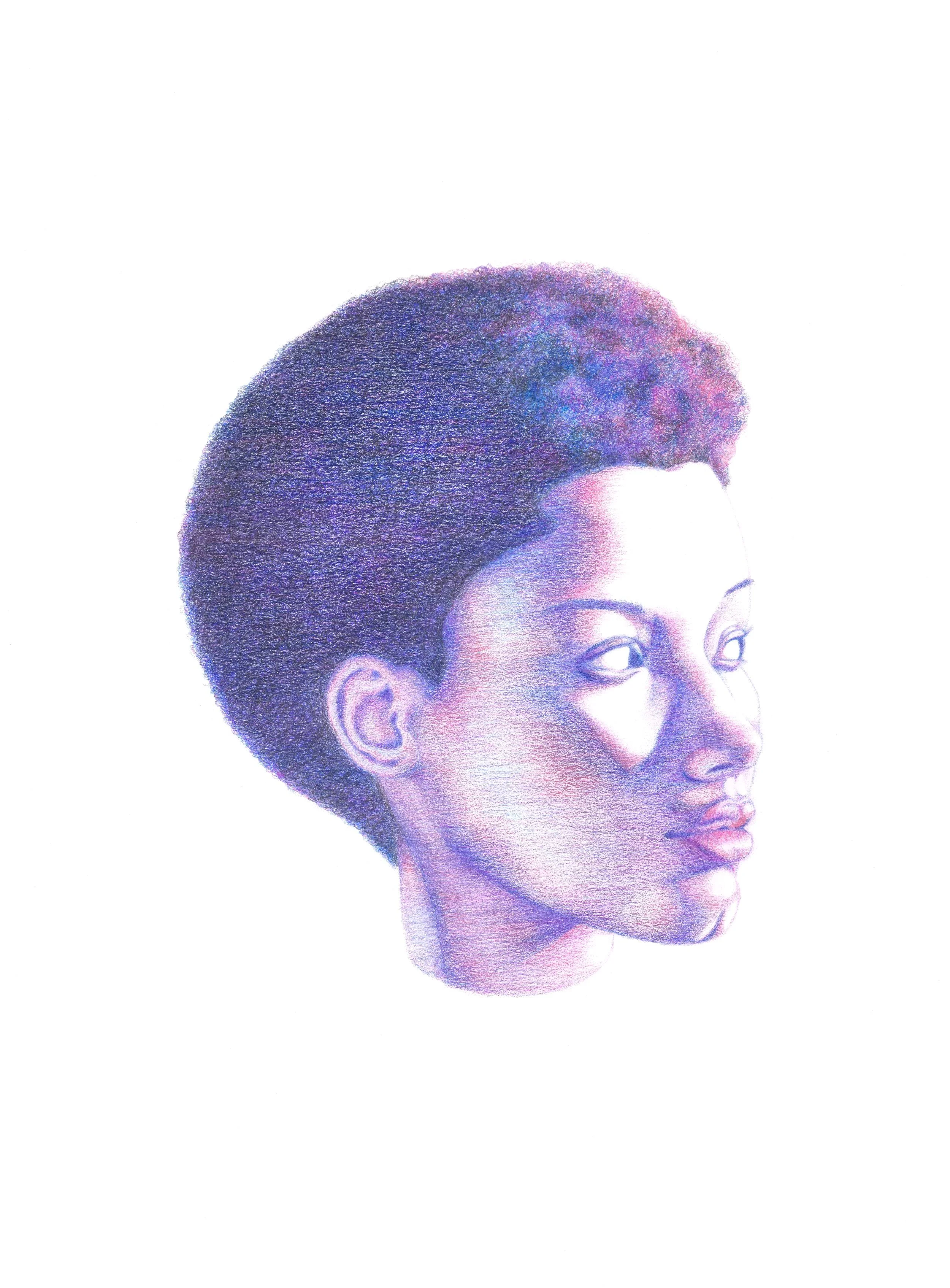 A colored pencil drawing of a woman with short, textured hair, facing right with a neutral expression, on a white background.