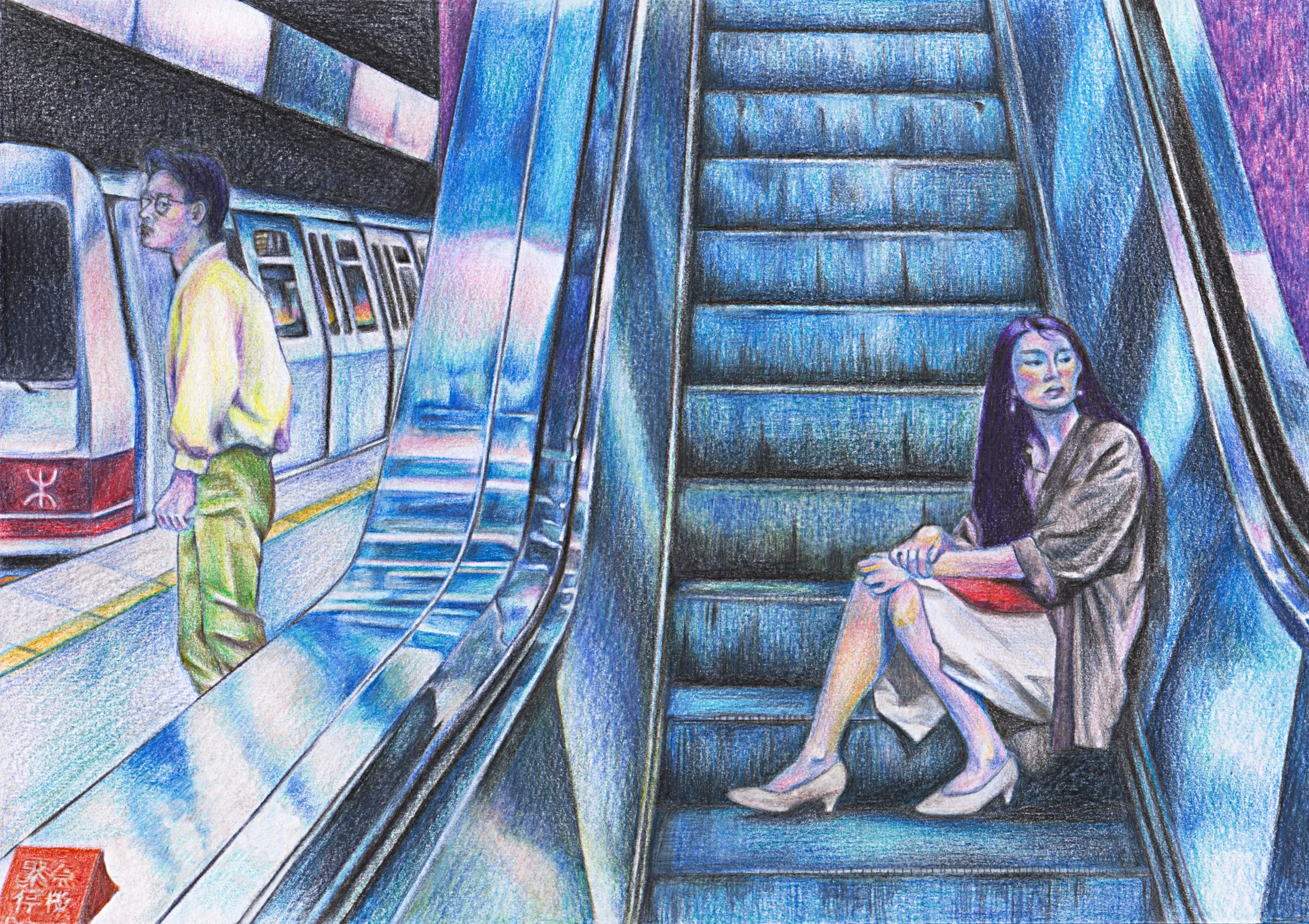 An illustration of a subway scene with two women, one on the platform and one sitting on an escalator, with vibrant colors.