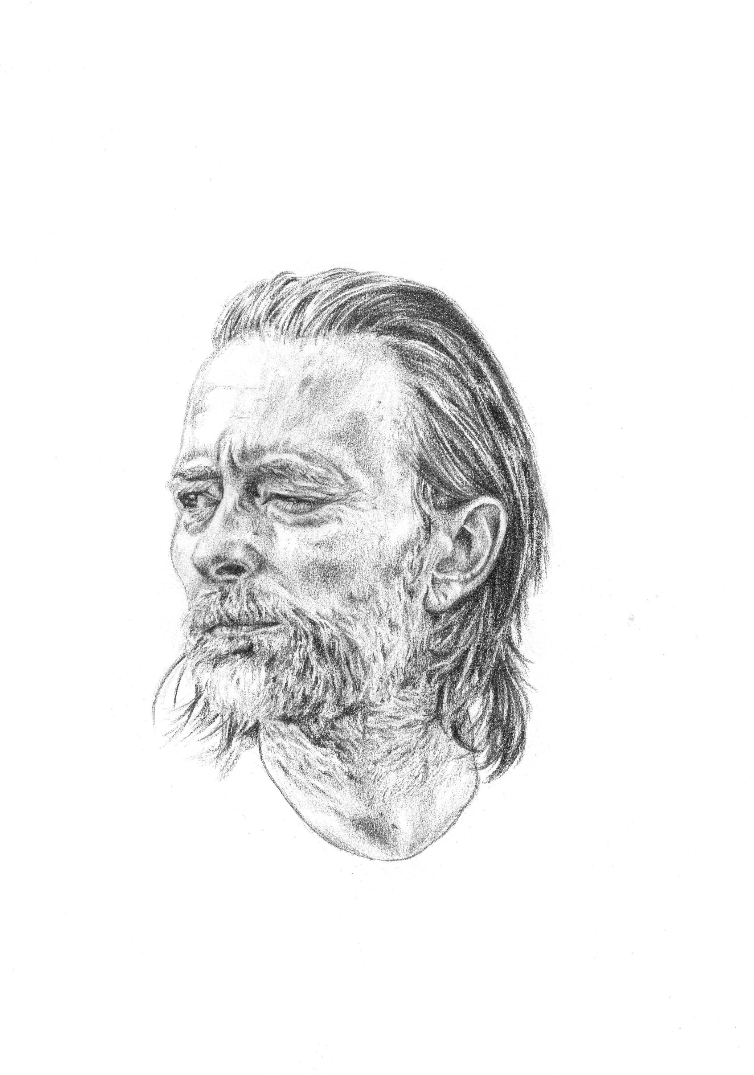 Pencil sketch of Thom Yorke with a beard and long hair, looking to the side.