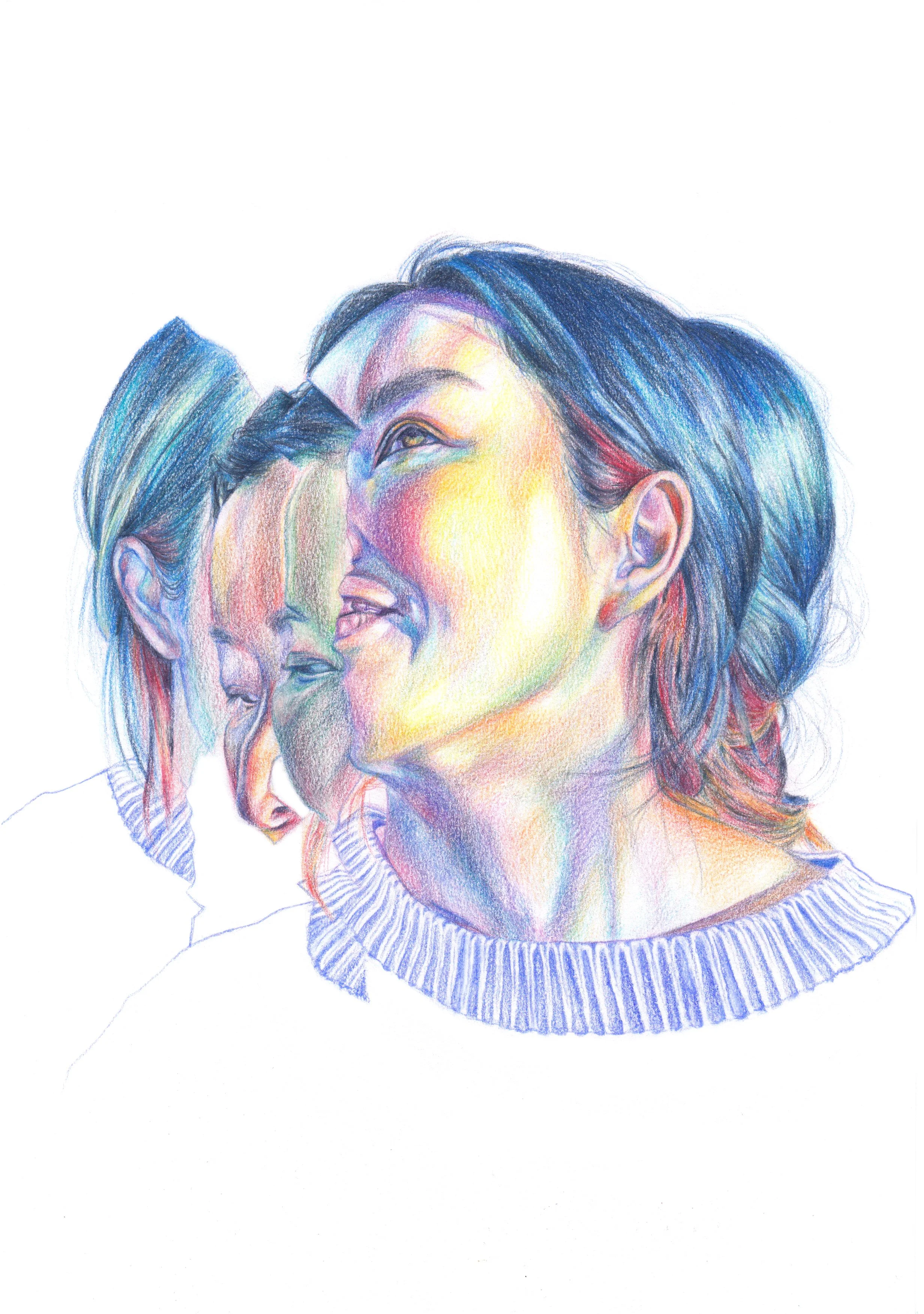 A colored pencil drawing of three women, with the one in the foreground smiling and the others partially visible behind, showing vibrant shading and detailed facial expressions.