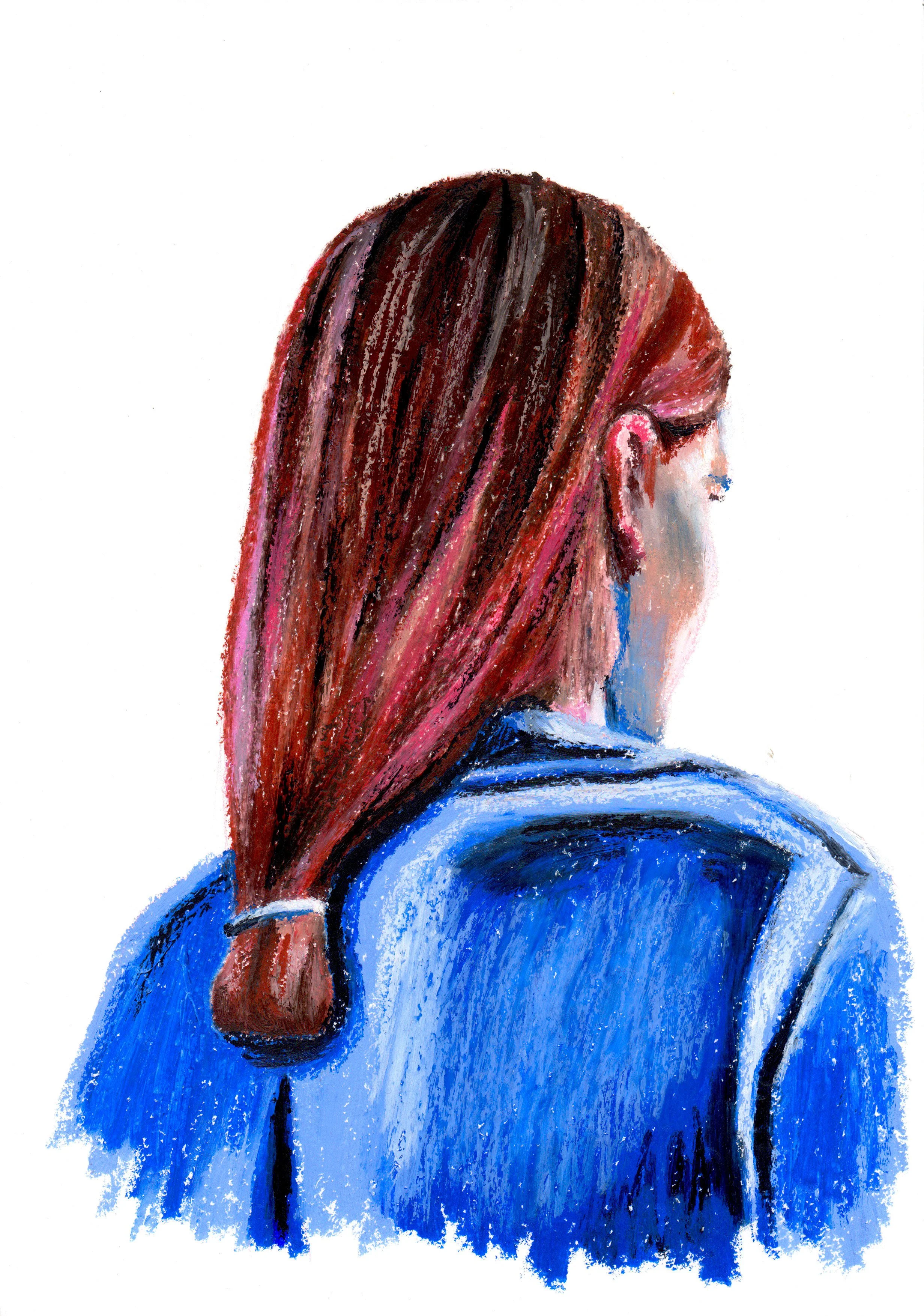 Painting of a woman with long red hair wearing a blue jacket, viewed from the back.