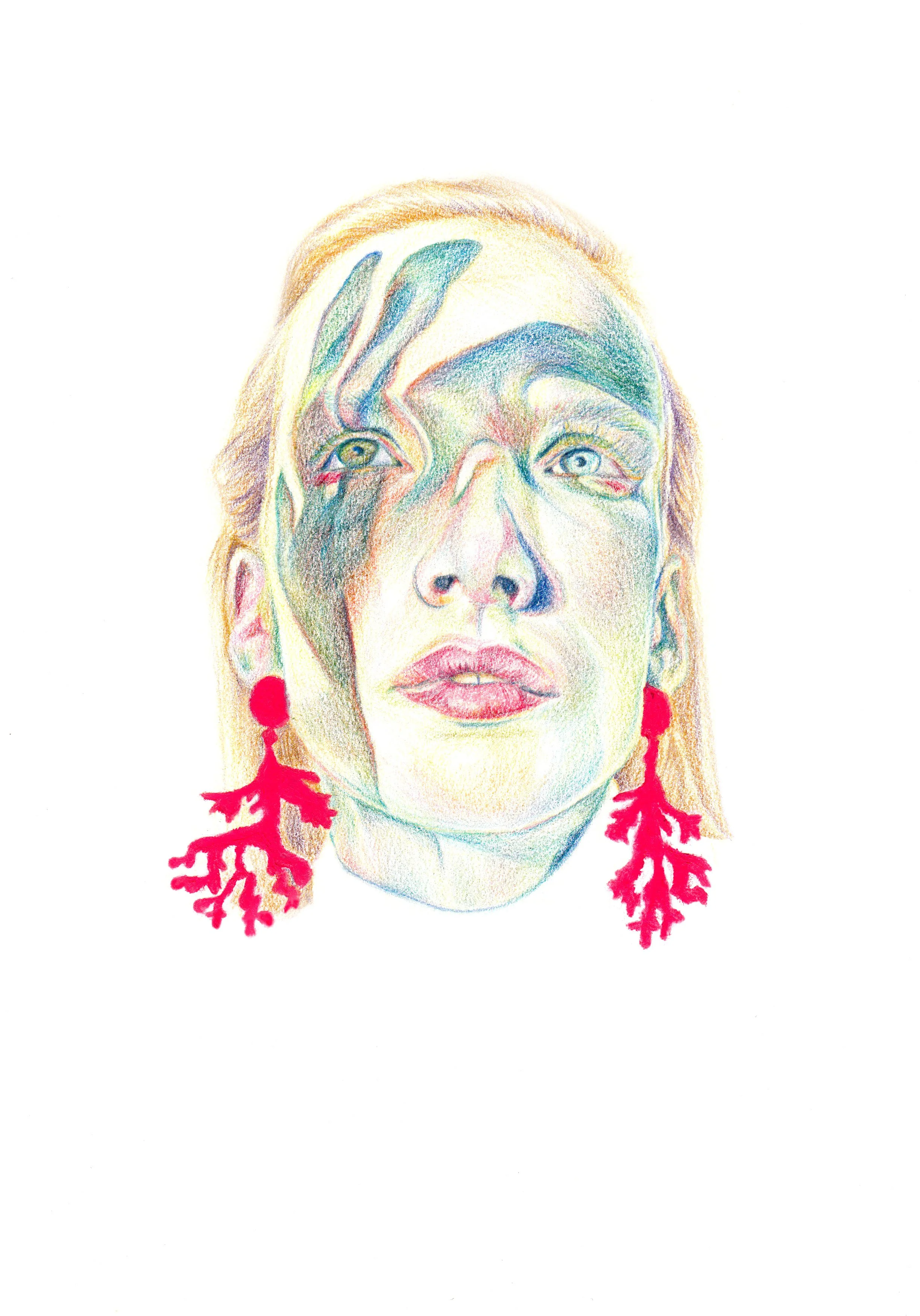 A colorful pencil drawing of a woman's face with paint-like patterns and red earrings that resemble branches or coral.
