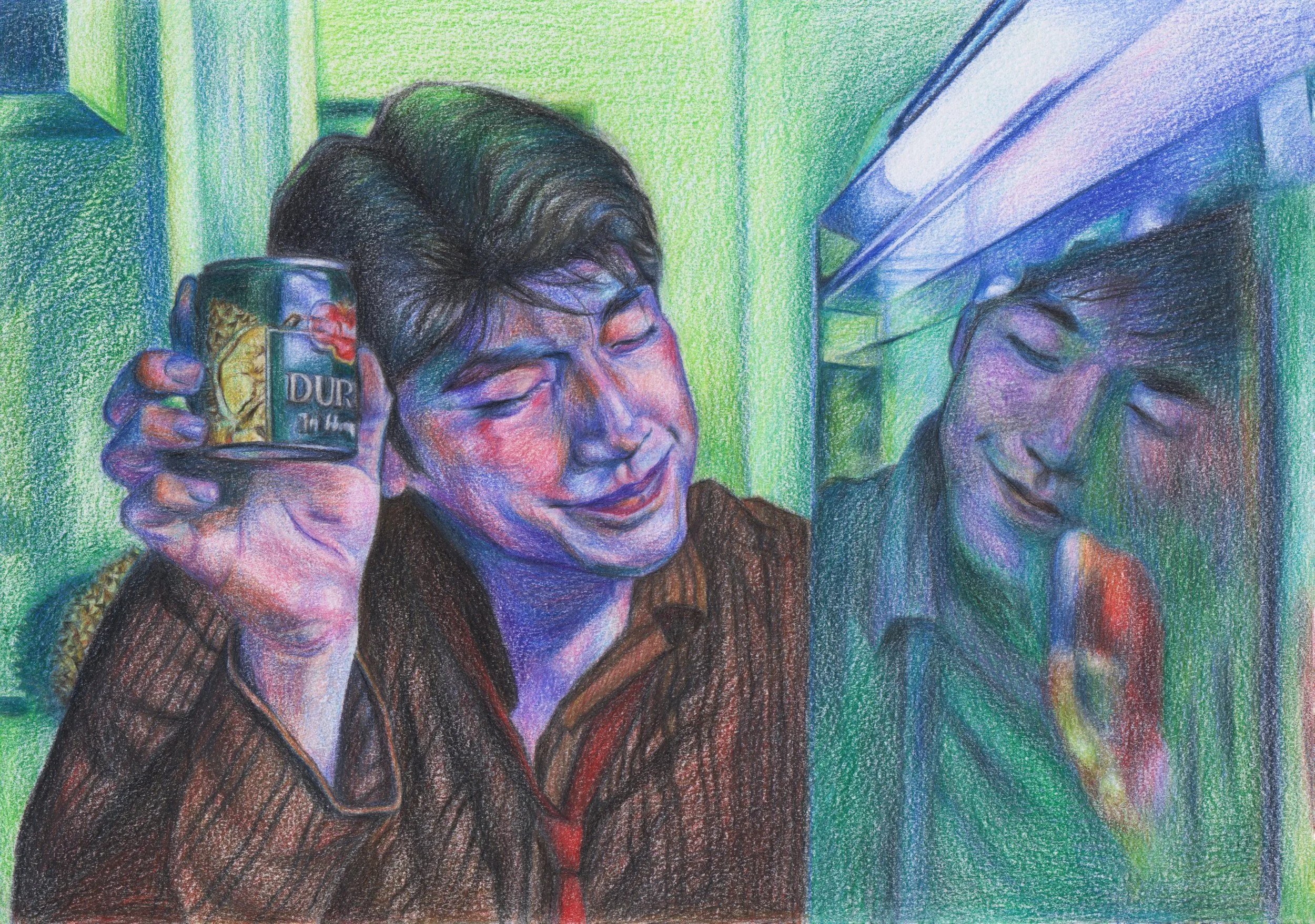 Colorful pastel drawing of a young man with closed eyes smiling, holding a can of Durango beer, and looking at a reflection of himself smiling in a mirror.