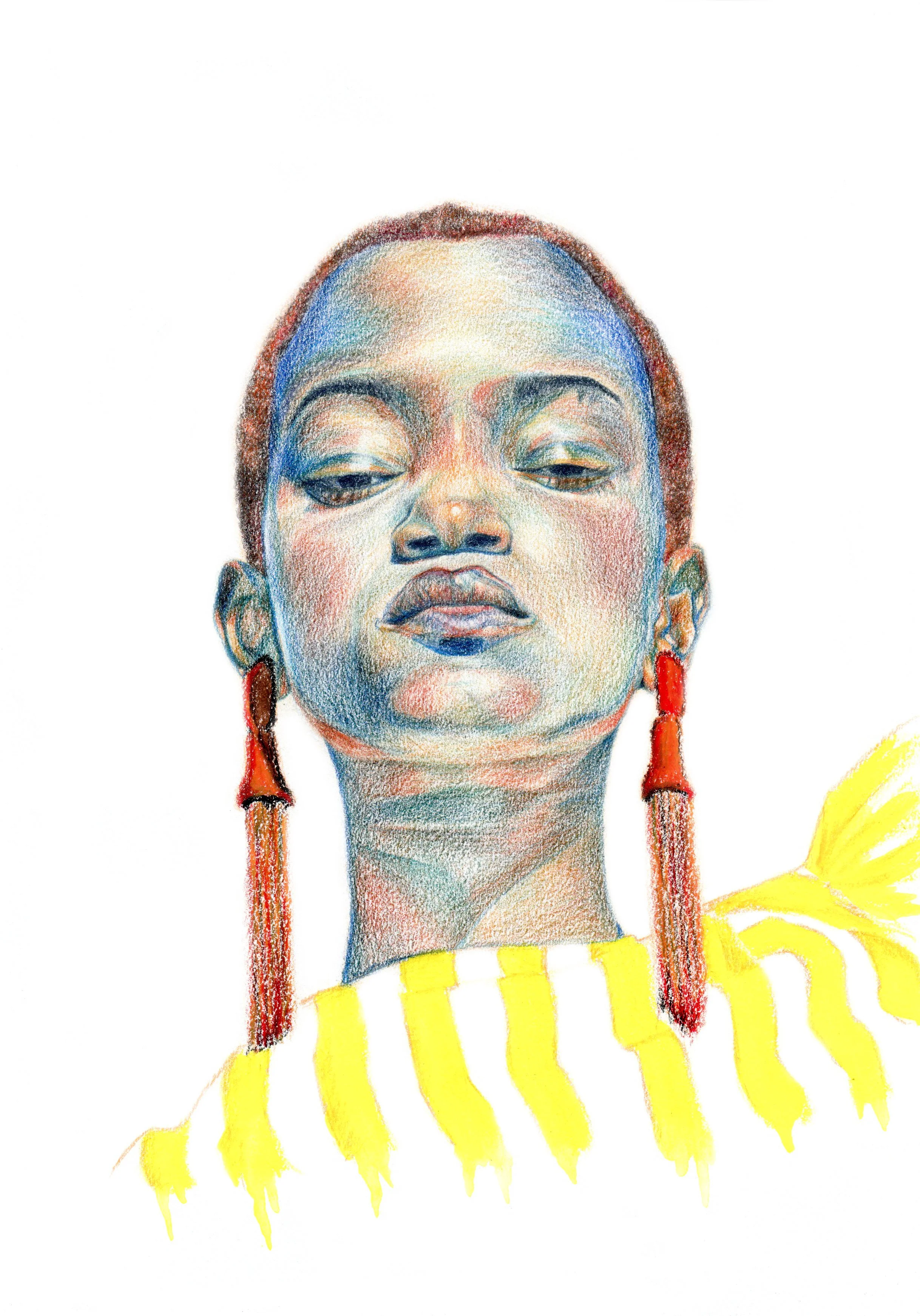 Colorful portrait of a young woman with dark skin, wearing red earrings and a yellow striped shirt, with her head tilted slightly upward.