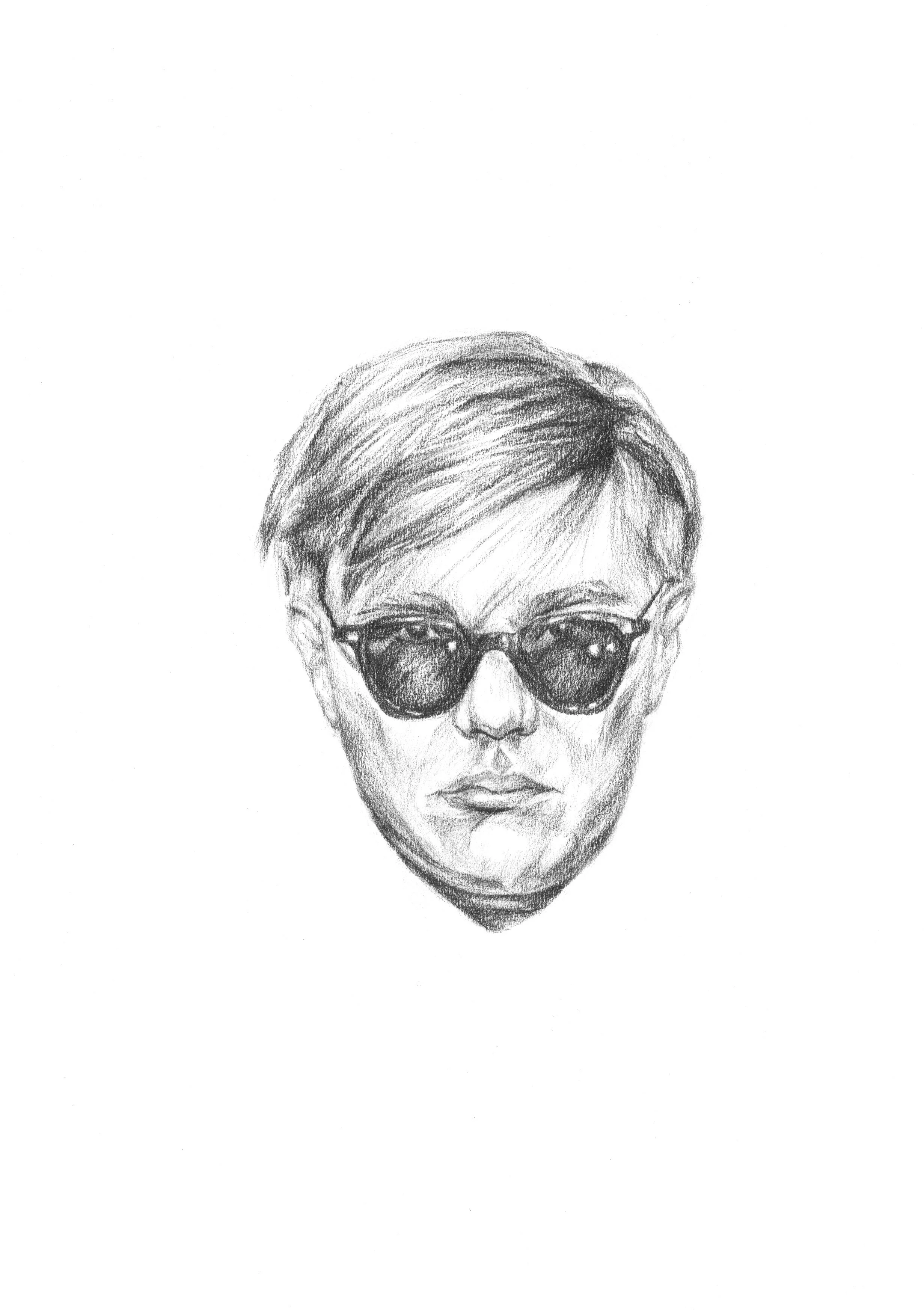 A pencil sketch of a person with short hair and wearing sunglasses.