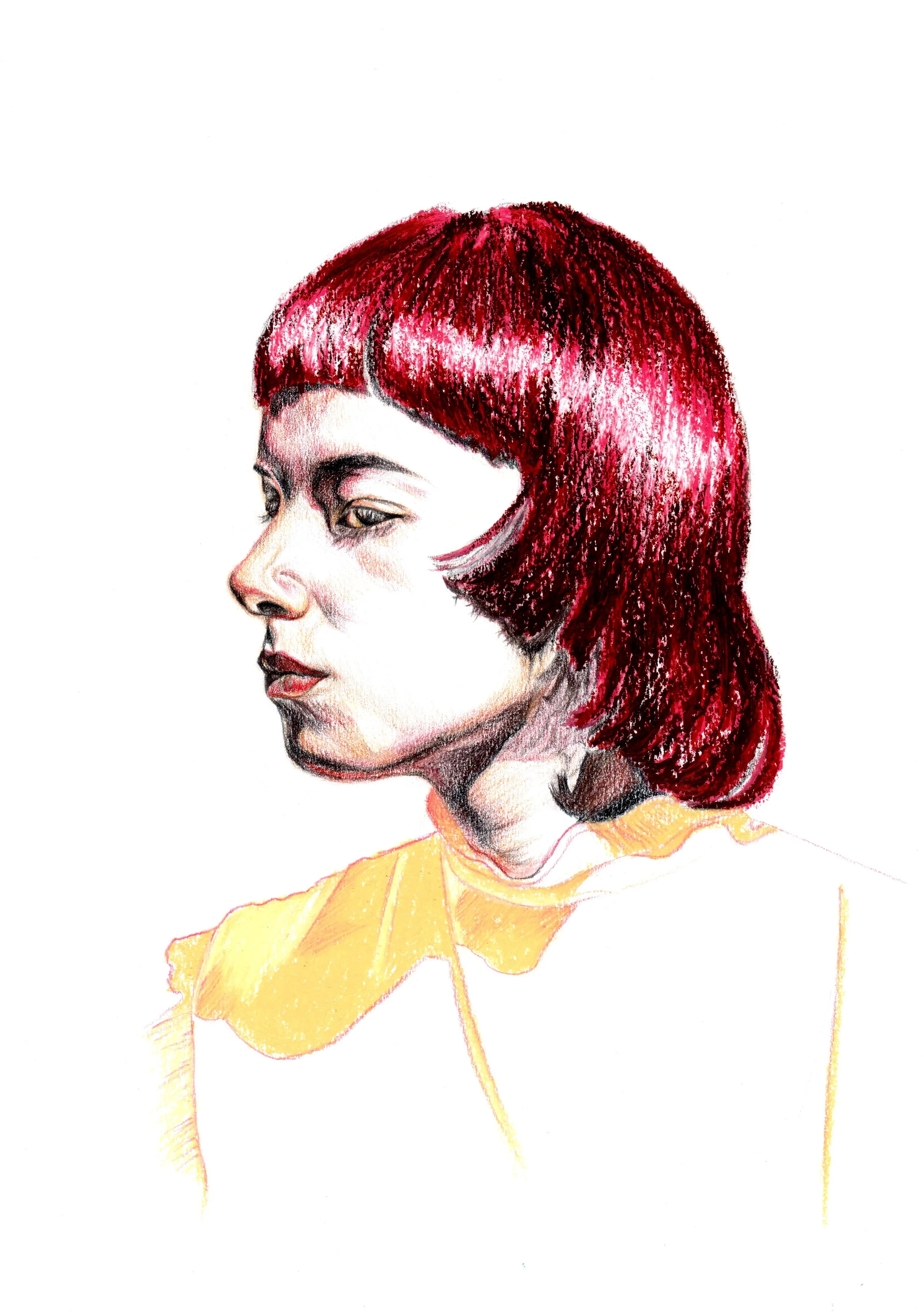 Colorful portrait of a woman with short, shiny red hair, wearing a yellow shirt, facing left.