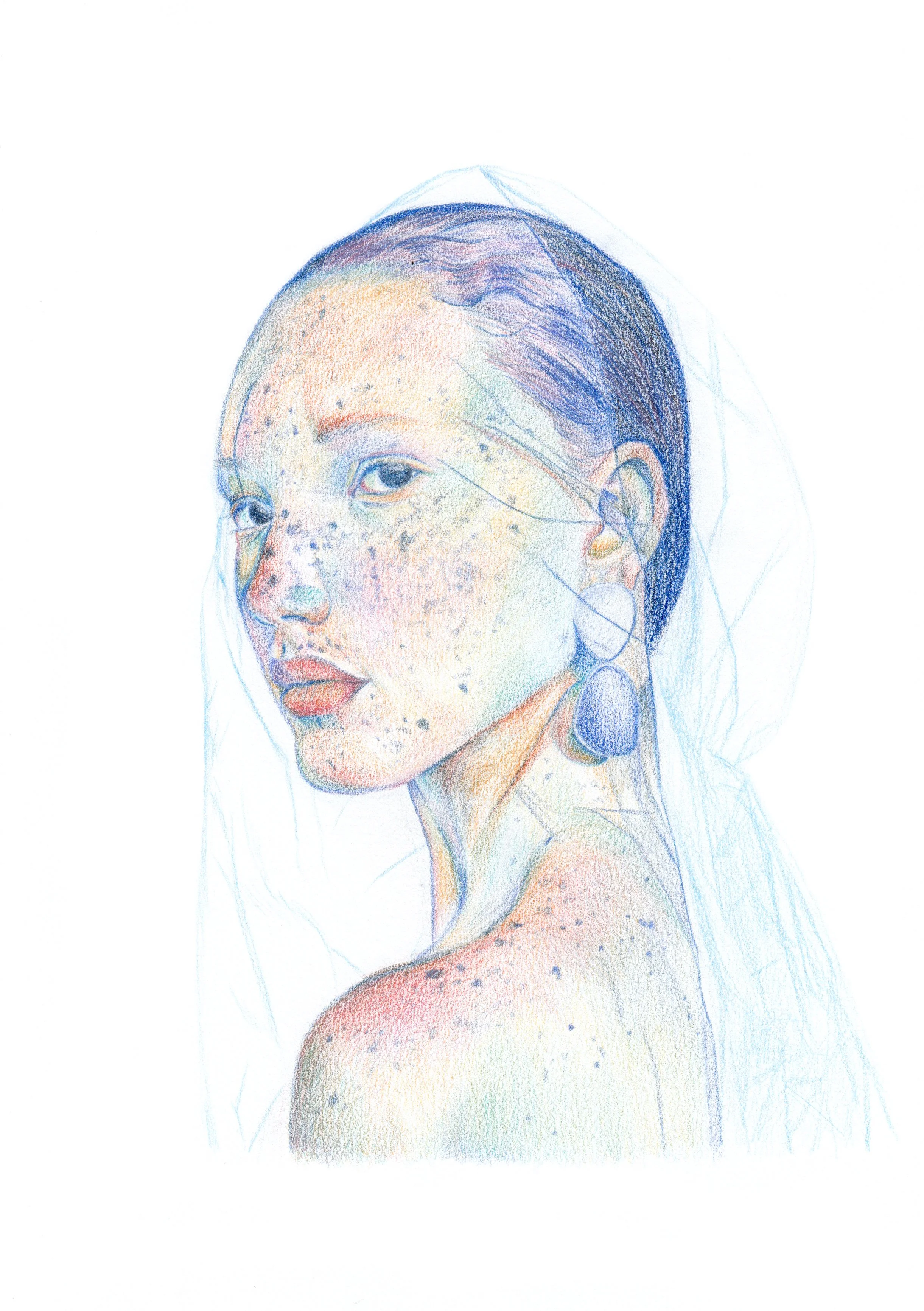 Color pencil drawing of a young woman with freckles, dark hair, and large earrings, looking over her shoulder.