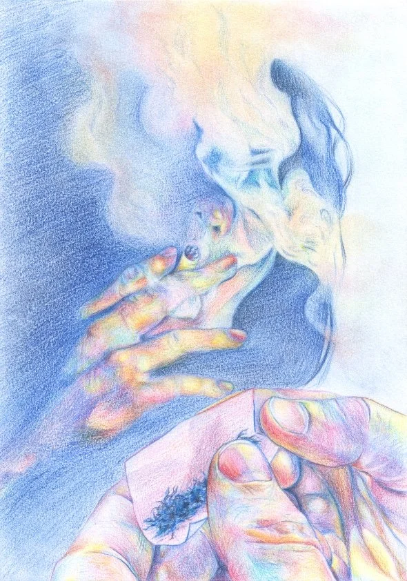 Colorful drawing of two hands holding a lit cigarette and a matchbox, with smoke rising from the cigarette.