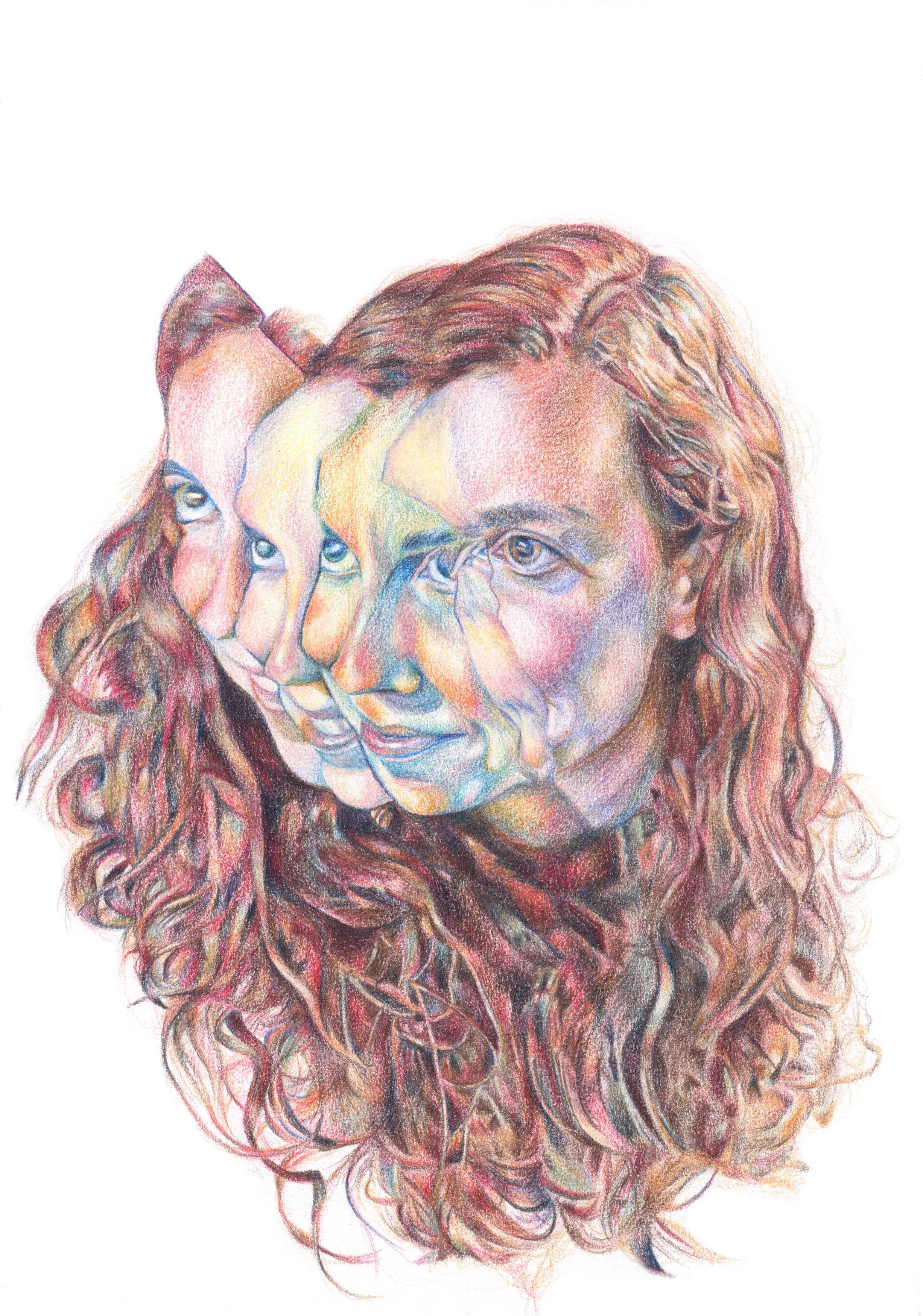 Colorful, layered drawing of a woman's face with curly hair, overlapping with two other similar faces, creating a surreal, multi-dimensional effect.