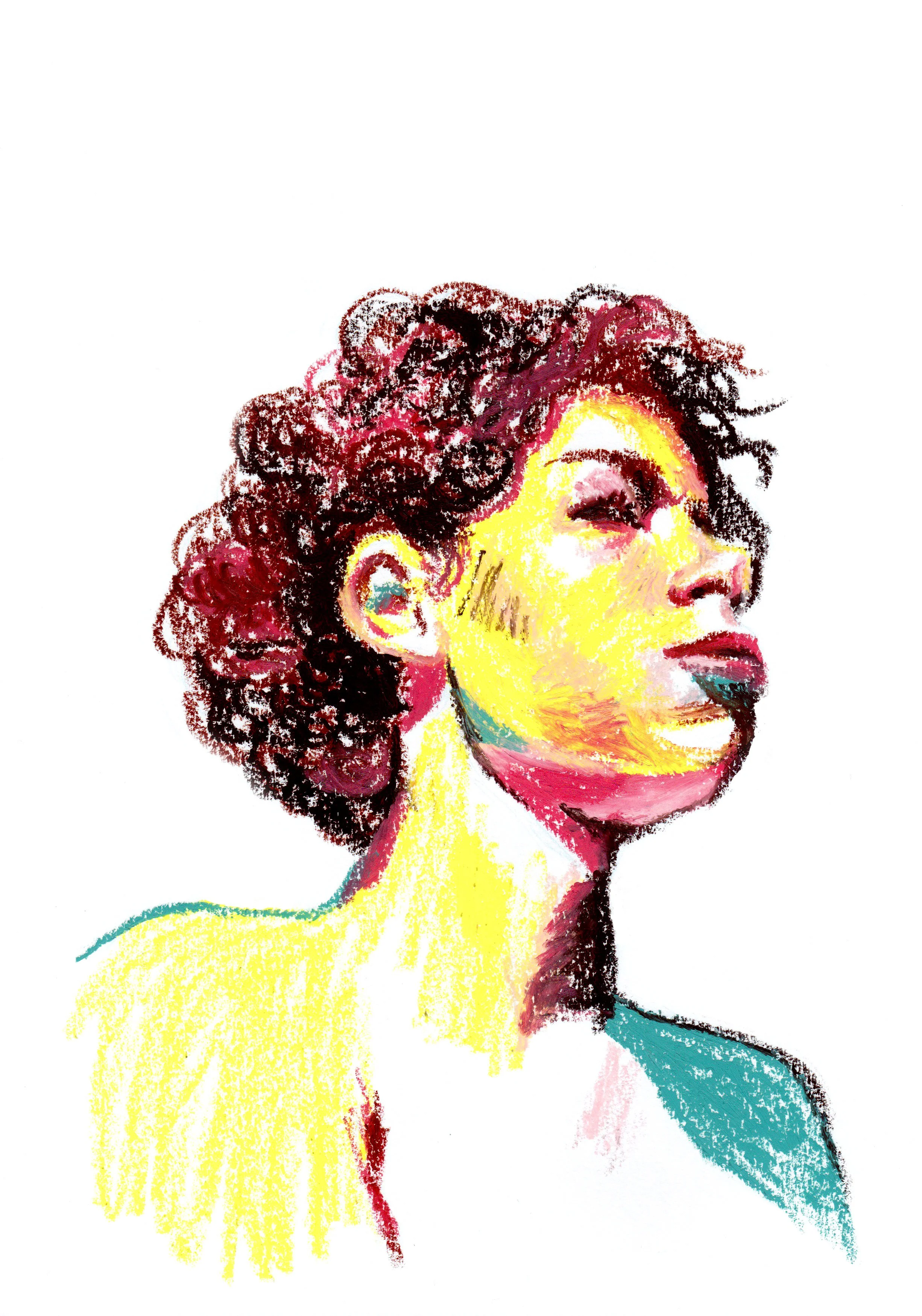 Colorful abstract portrait of a woman with closed eyes, curly hair, and a peaceful expression, painted with expressive strokes in yellow, pink, black, and teal.